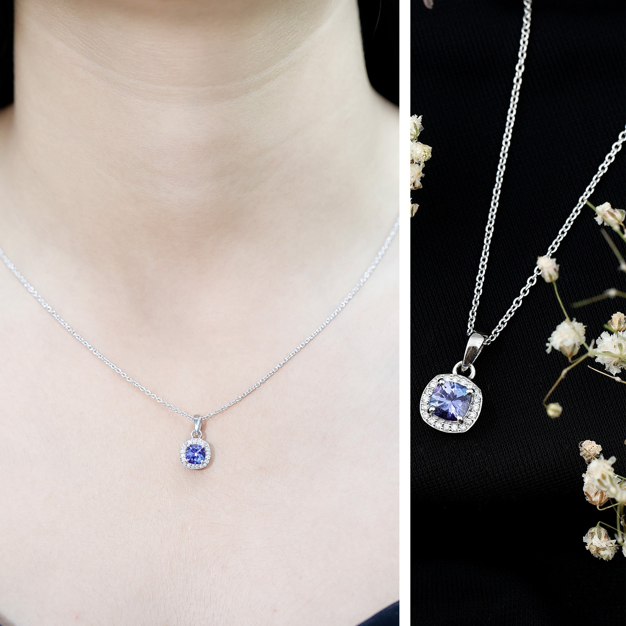 Tanzanite Necklace – Cushion Cut Pendant with Diamond Halo, White Gold