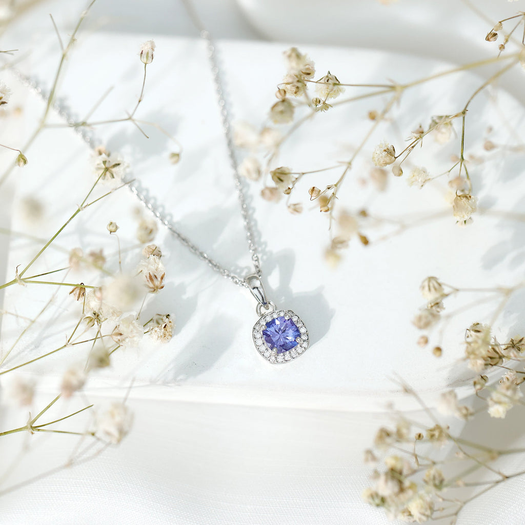 Tanzanite Necklace – Cushion Cut Pendant with Diamond Halo, White Gold