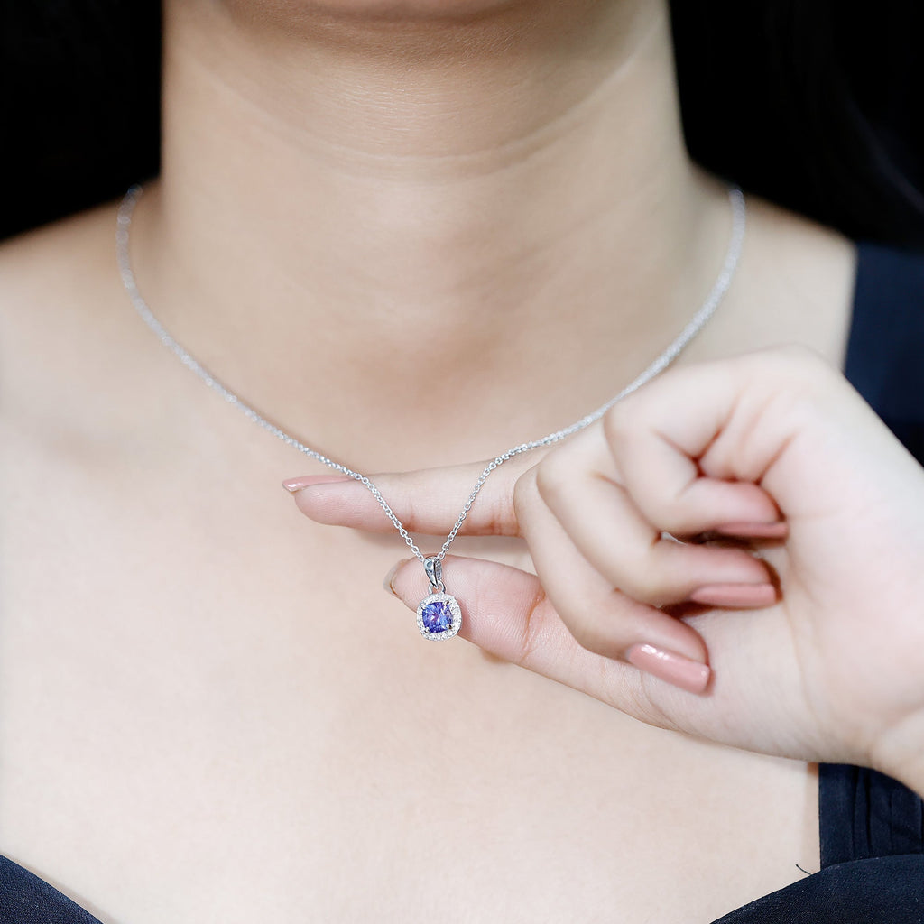 Tanzanite Necklace – Cushion Cut Pendant with Diamond Halo, White Gold