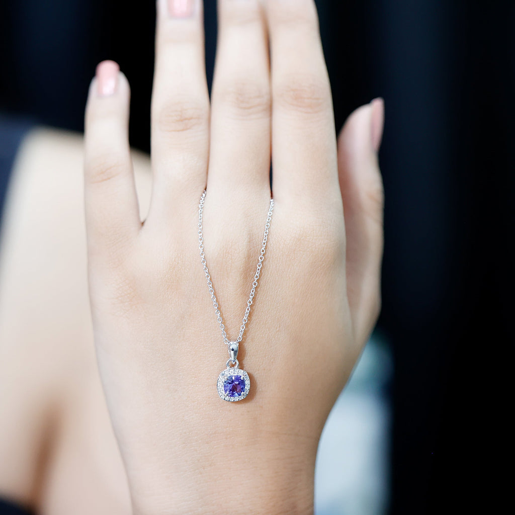 Tanzanite Necklace – Cushion Cut Pendant with Diamond Halo, White Gold