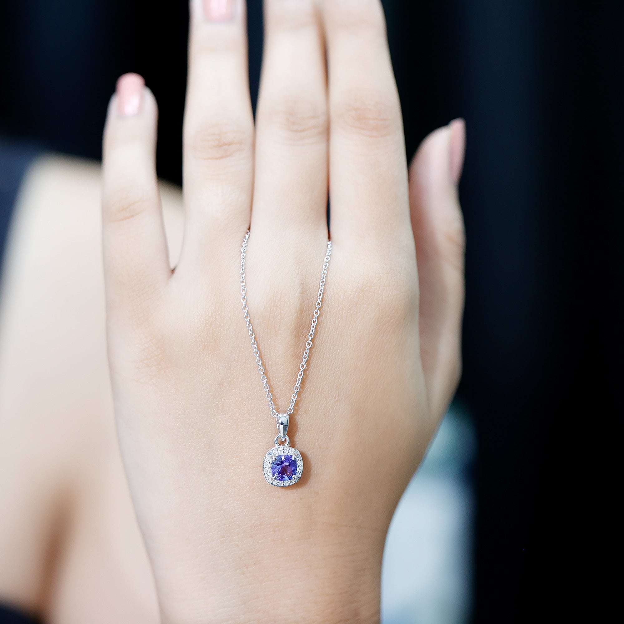 Tanzanite Necklace – Cushion Cut Pendant with Diamond Halo, White Gold