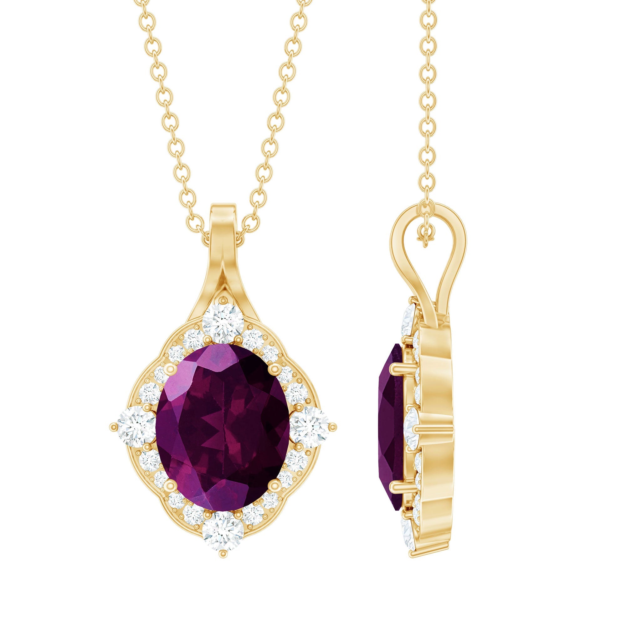 Rhodolite Garnet Necklace – Vintage Pendant Necklace with 3.6 Carat Garnet & Diamond Halo