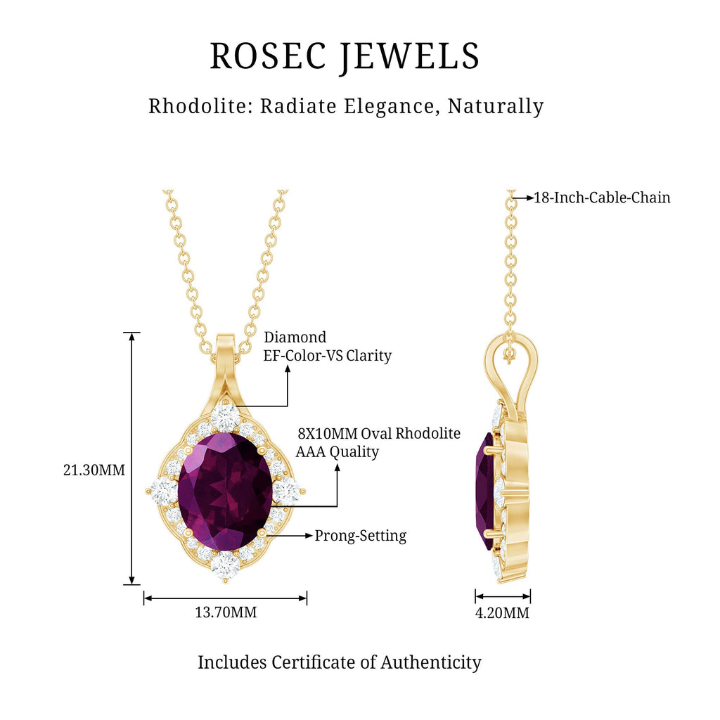 Rhodolite Garnet Necklace – Vintage Pendant Necklace with 3.6 Carat Garnet & Diamond Halo