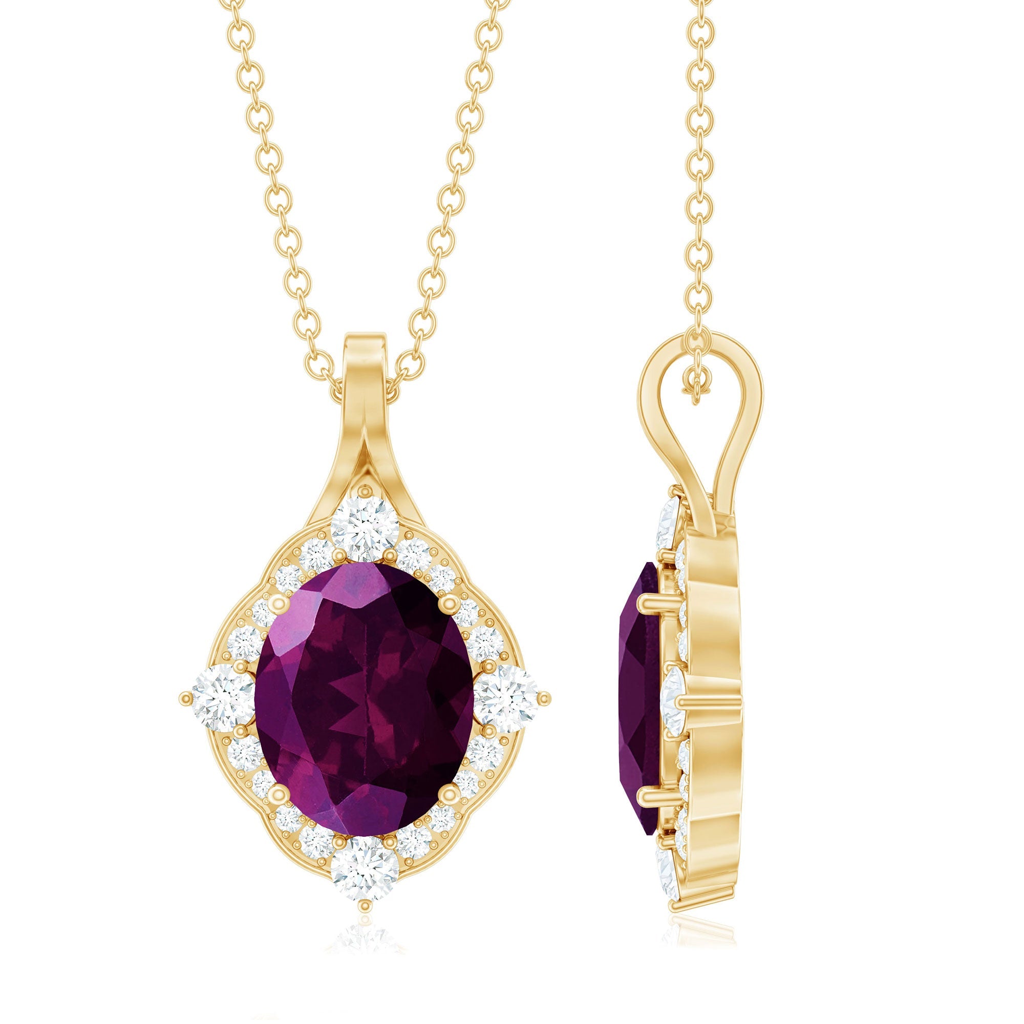 Rhodolite Garnet Necklace – Vintage Pendant Necklace with 3.6 Carat Garnet & Diamond Halo