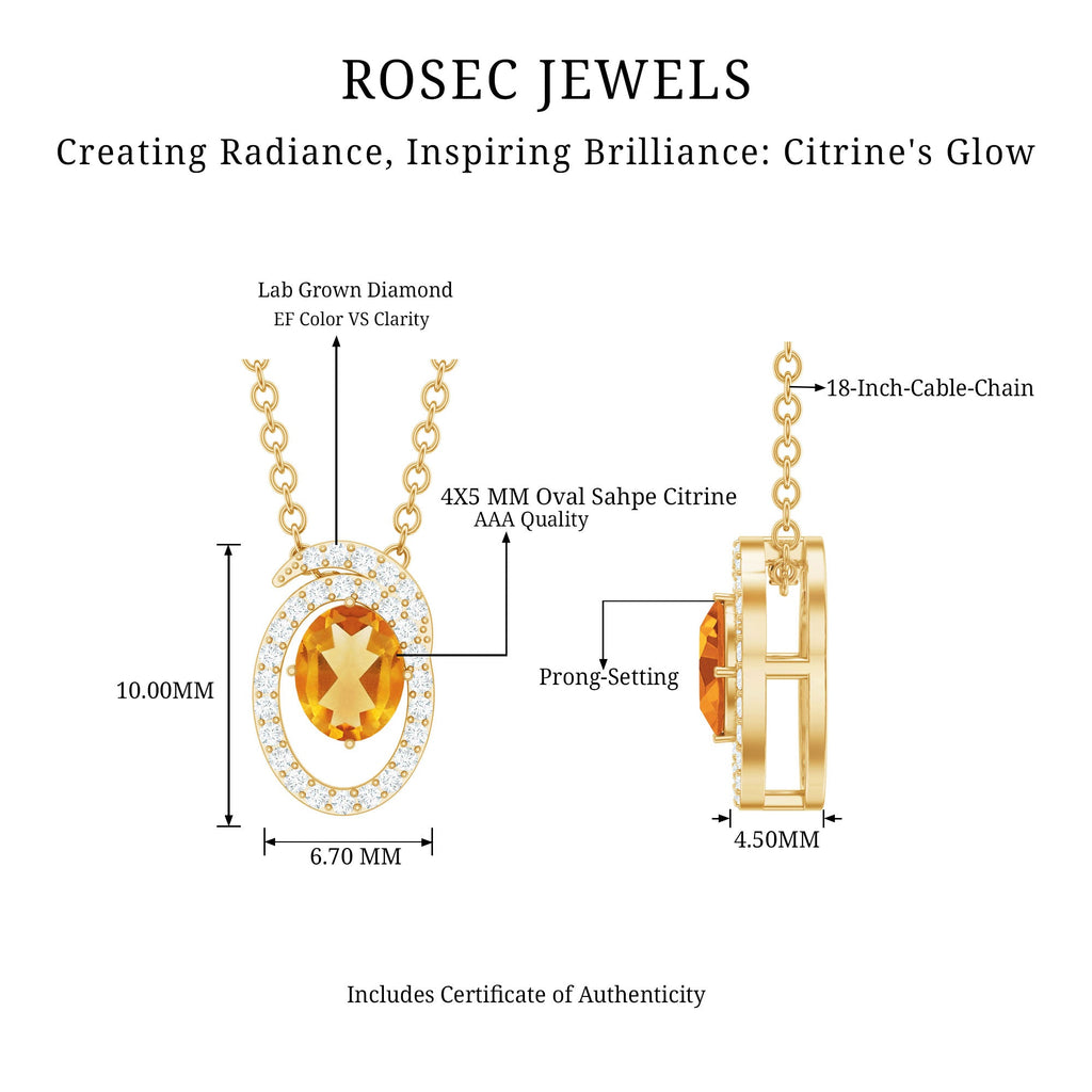 Citrine Necklace - Oval Citrine Pendant With Swirl Halo Lab Diamond Jewelry