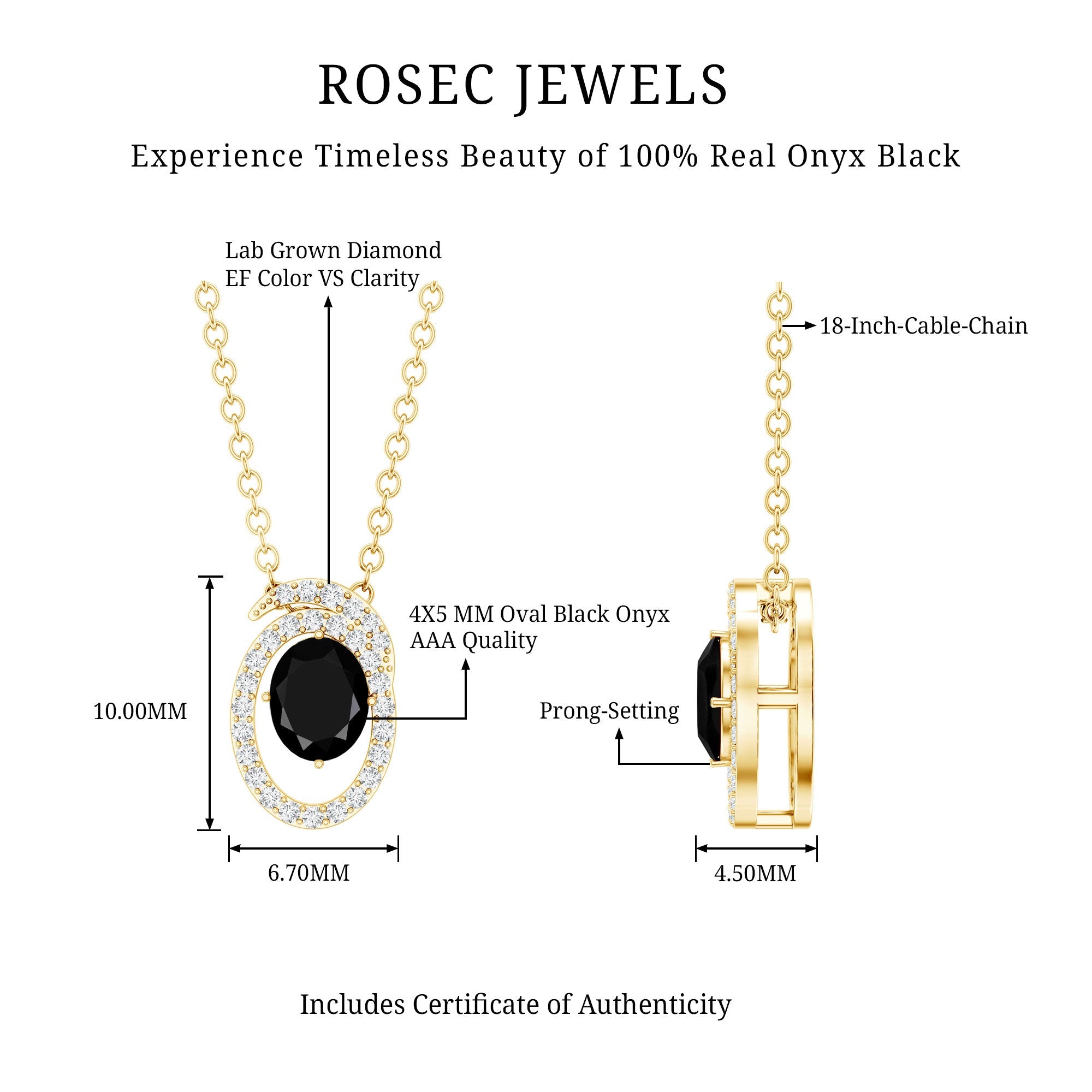 Natural Oval Shape Black Onyx Necklace with Lab Diamond