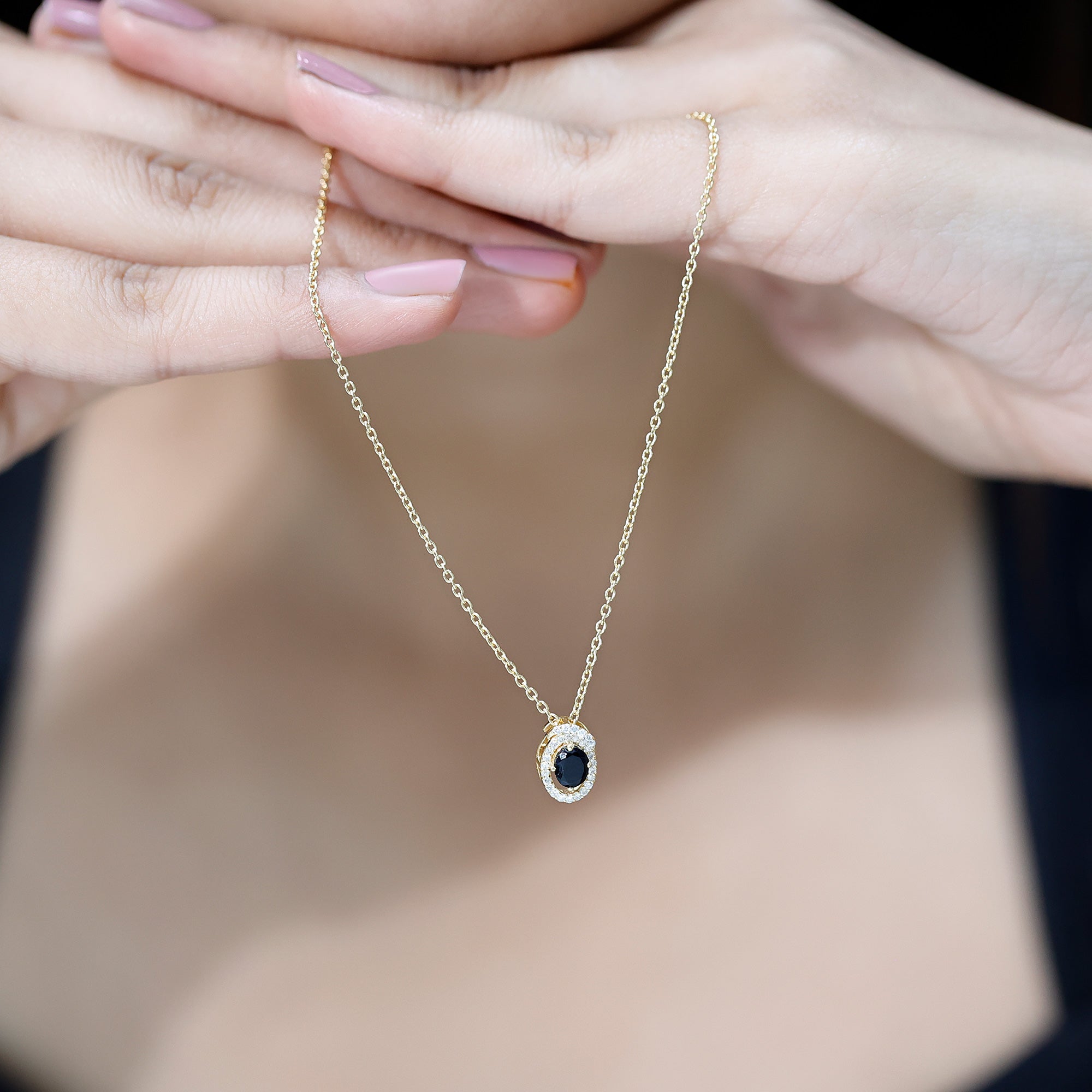 Natural Oval Shape Black Onyx Necklace with Lab Diamond