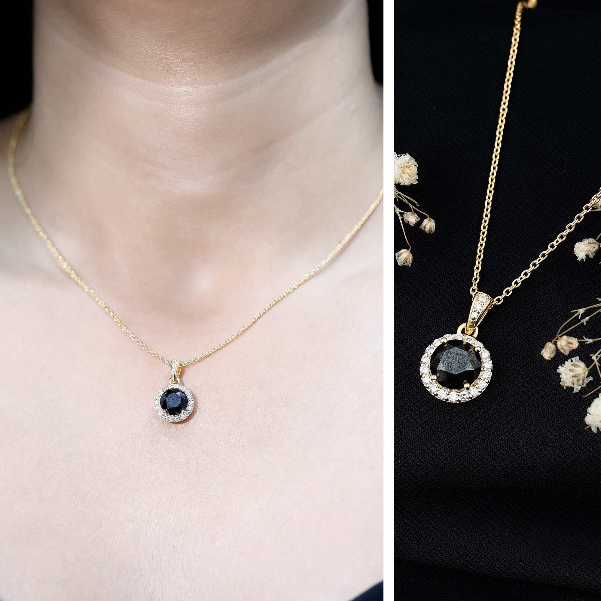 Natural 2.3 Carat Round Shaped Black and White Diamond Halo Necklace with Chain