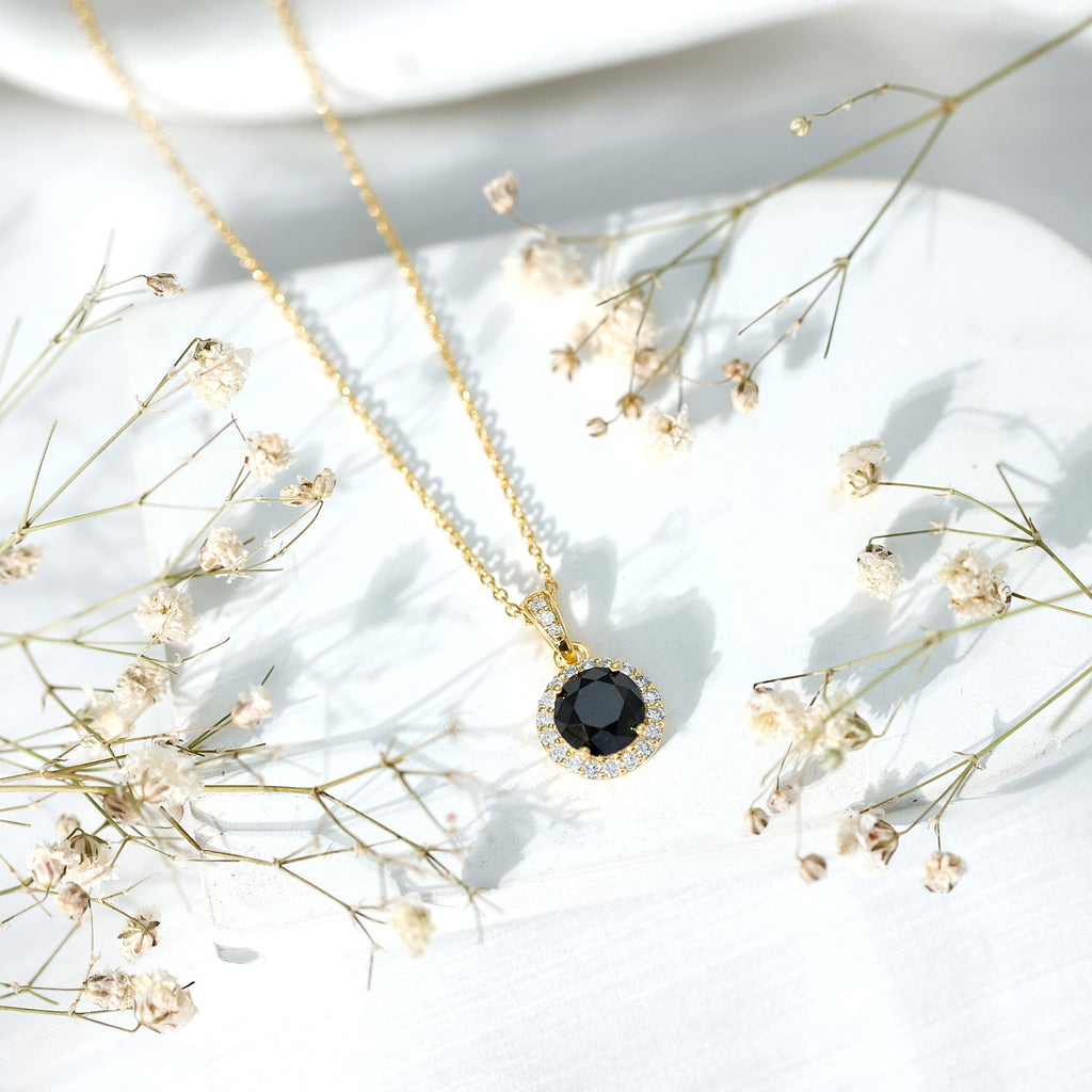 Natural 2.3 Carat Round Shaped Black and White Diamond Halo Necklace with Chain
