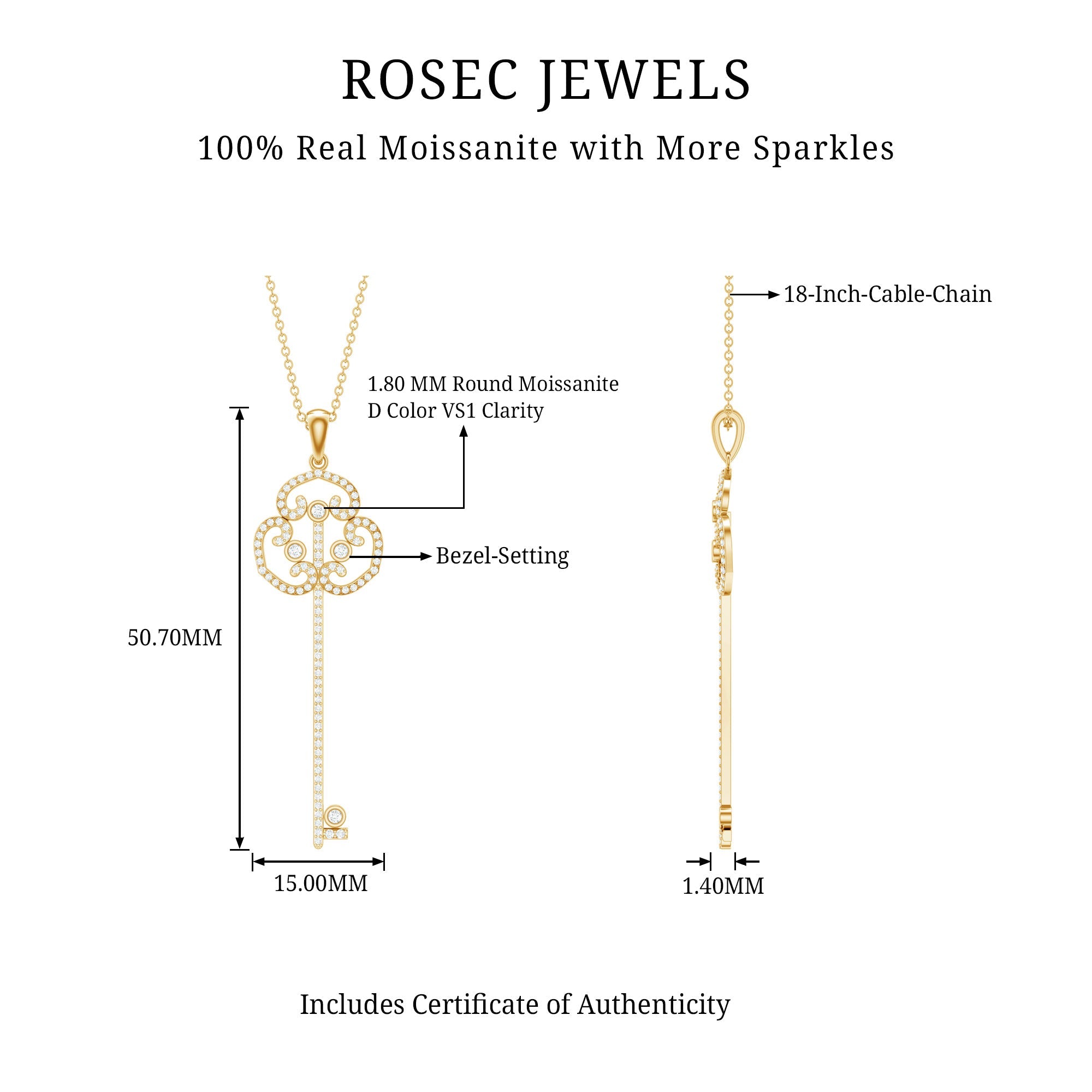 Moissanite Key Necklace – Vintage Pendant Necklace With Art Deco Key Charm