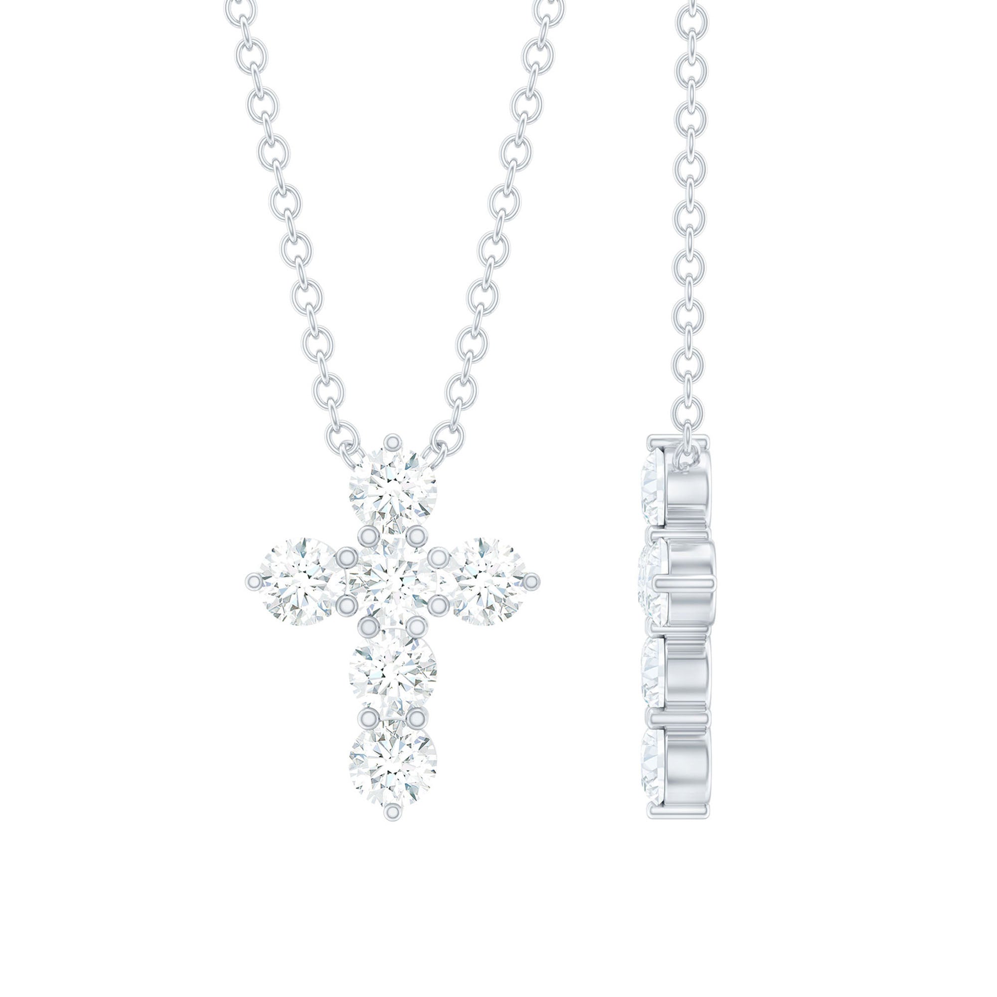 Moissanite Cross Pendant – Round Cut Prong Setting Necklace With Cable Chain