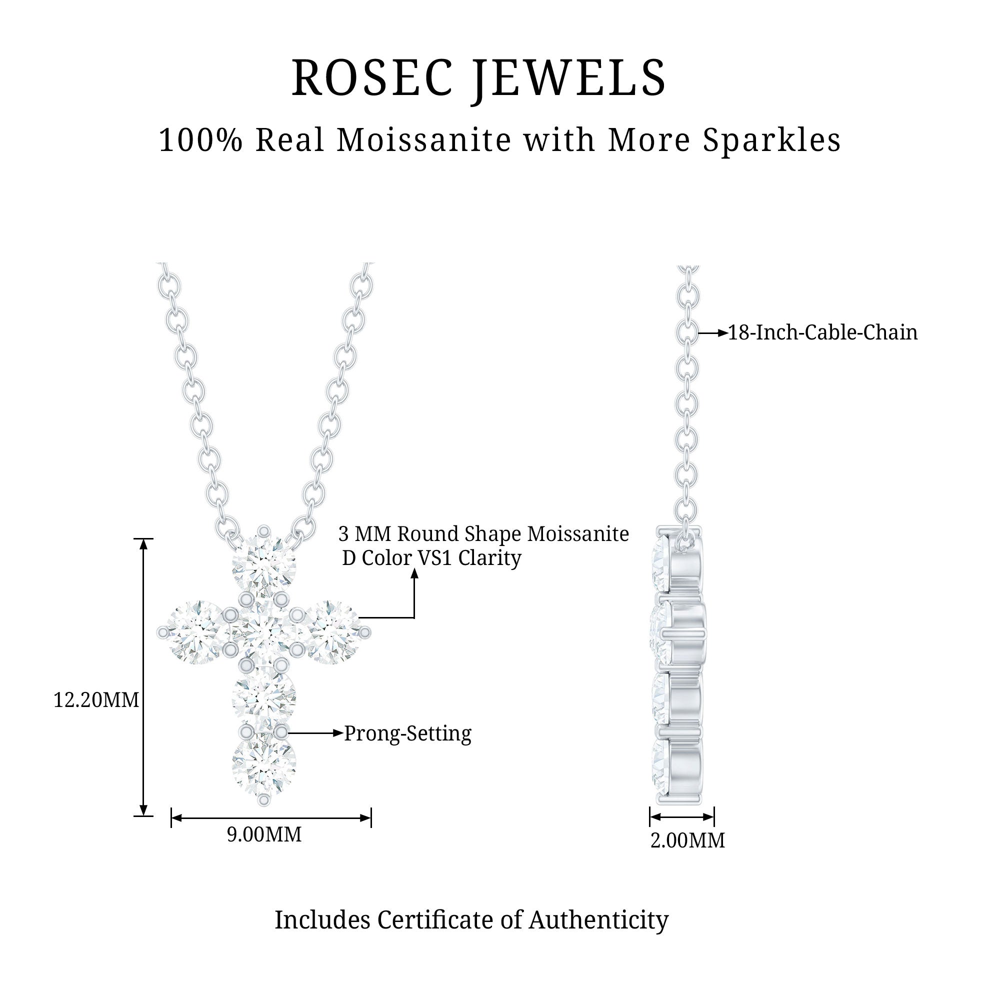 Moissanite Cross Pendant – Round Cut Prong Setting Necklace With Cable Chain