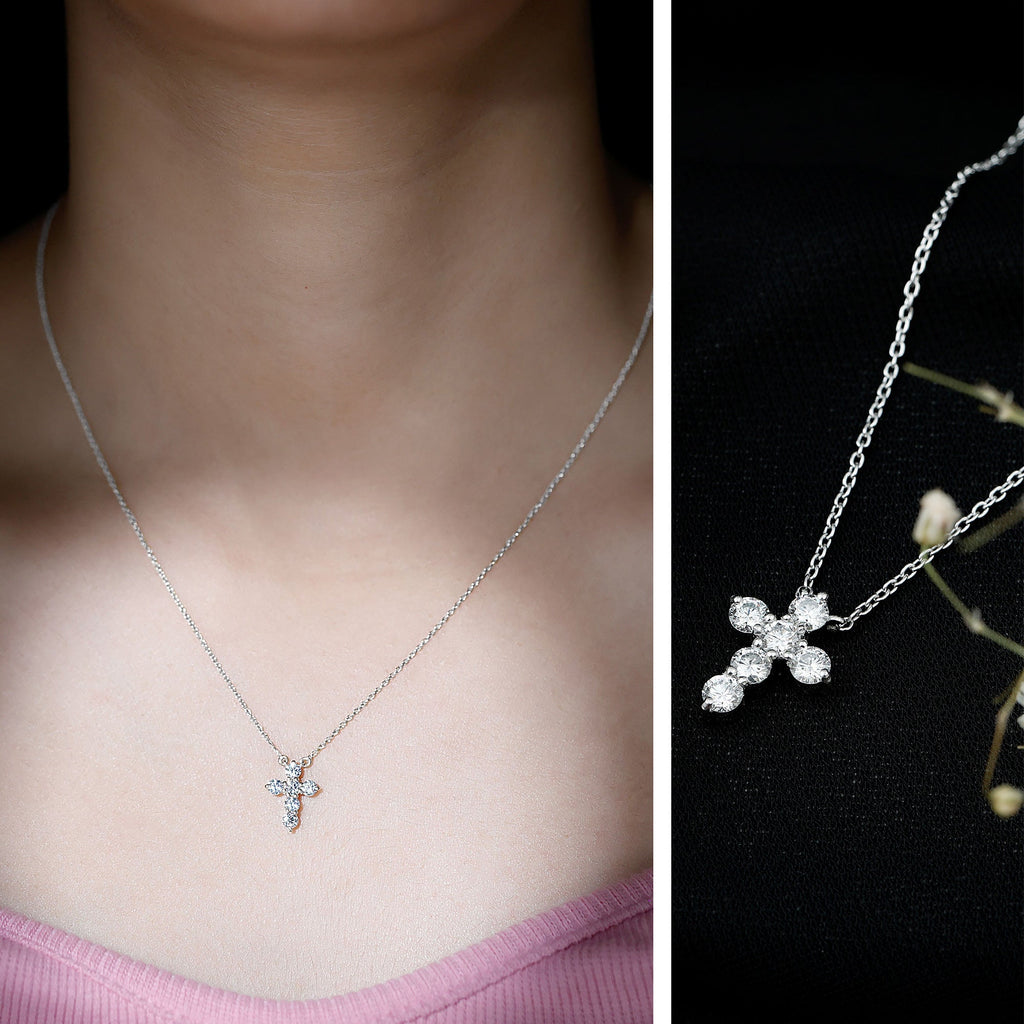 Moissanite Cross Pendant – Round Cut Prong Setting Necklace With Cable Chain