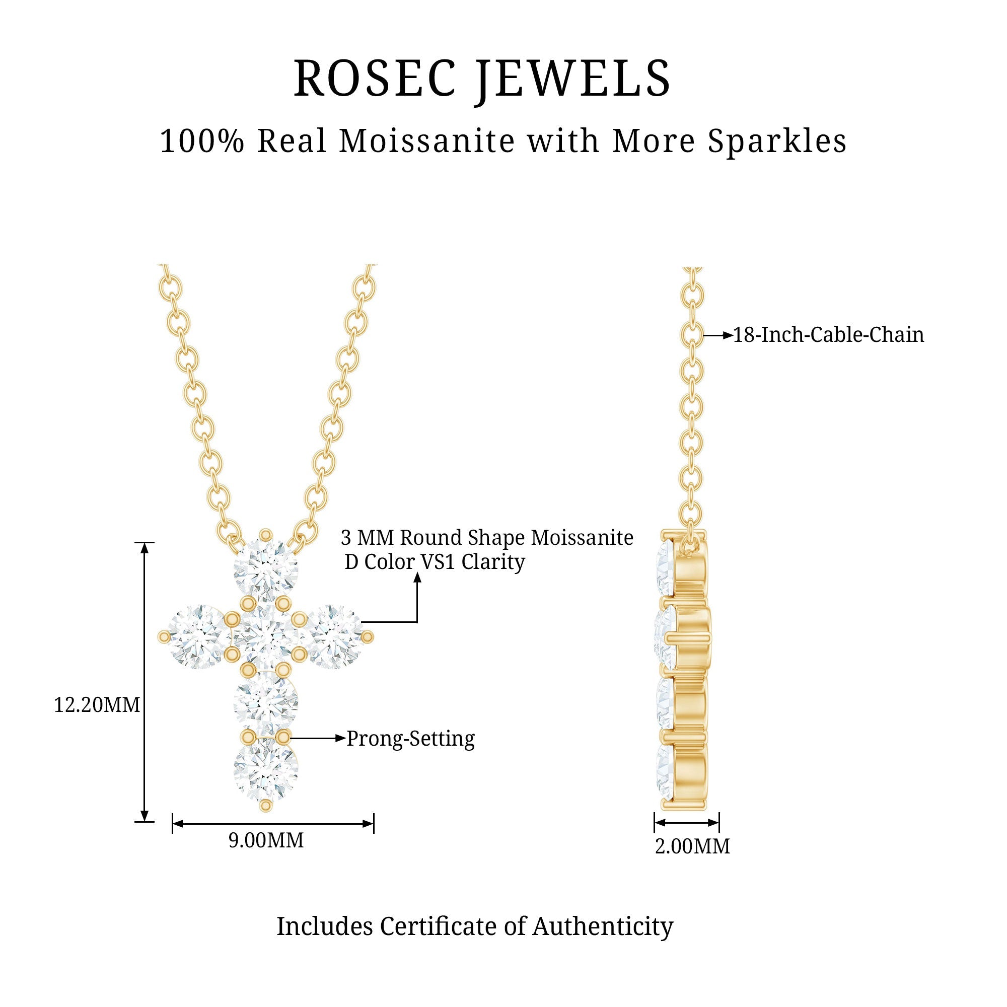 Moissanite Cross Pendant – Round Cut Prong Setting Necklace With Cable Chain