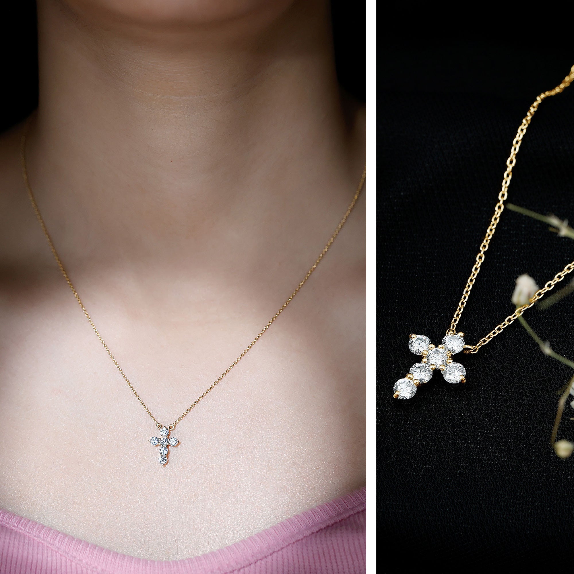 Moissanite Cross Pendant – Round Cut Prong Setting Necklace With Cable Chain