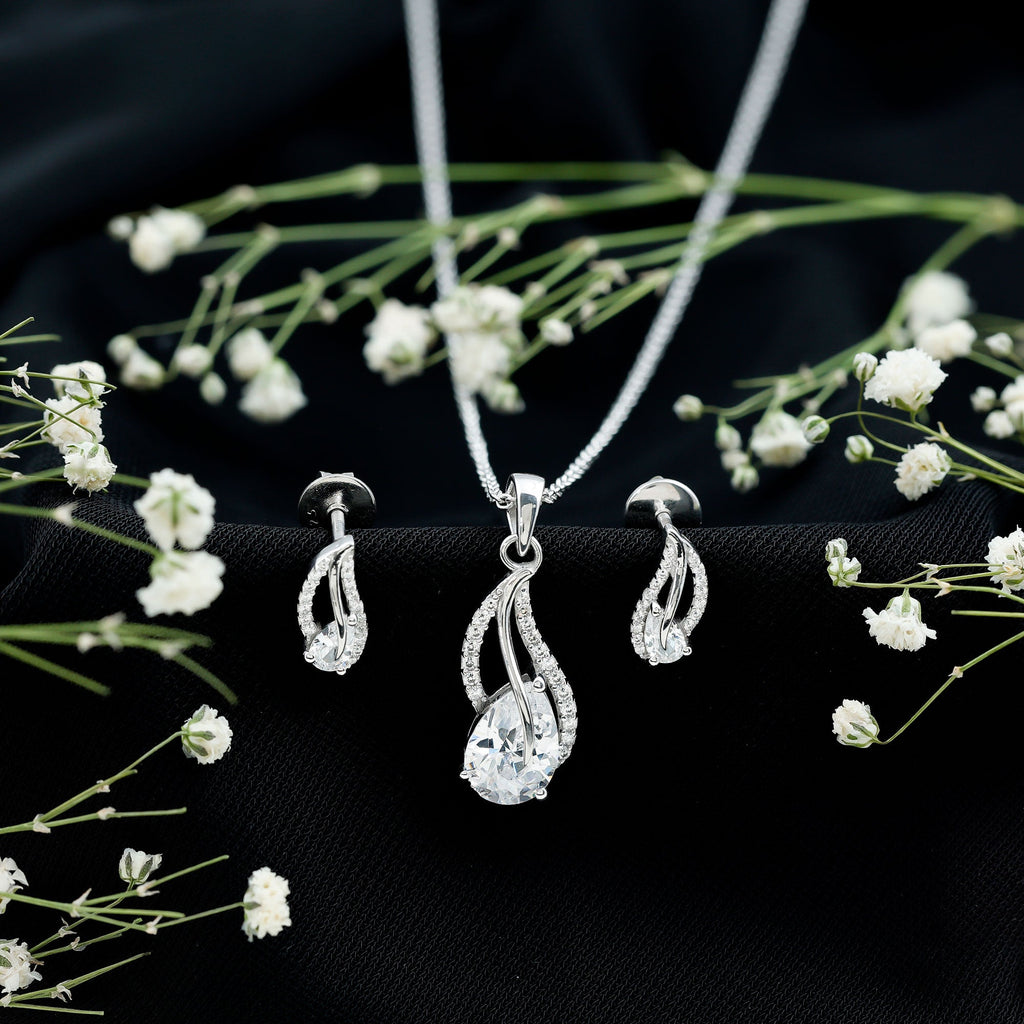 3 Carat Pear Cubic Zirconia Bridal Necklace and Earrings Set in Silver