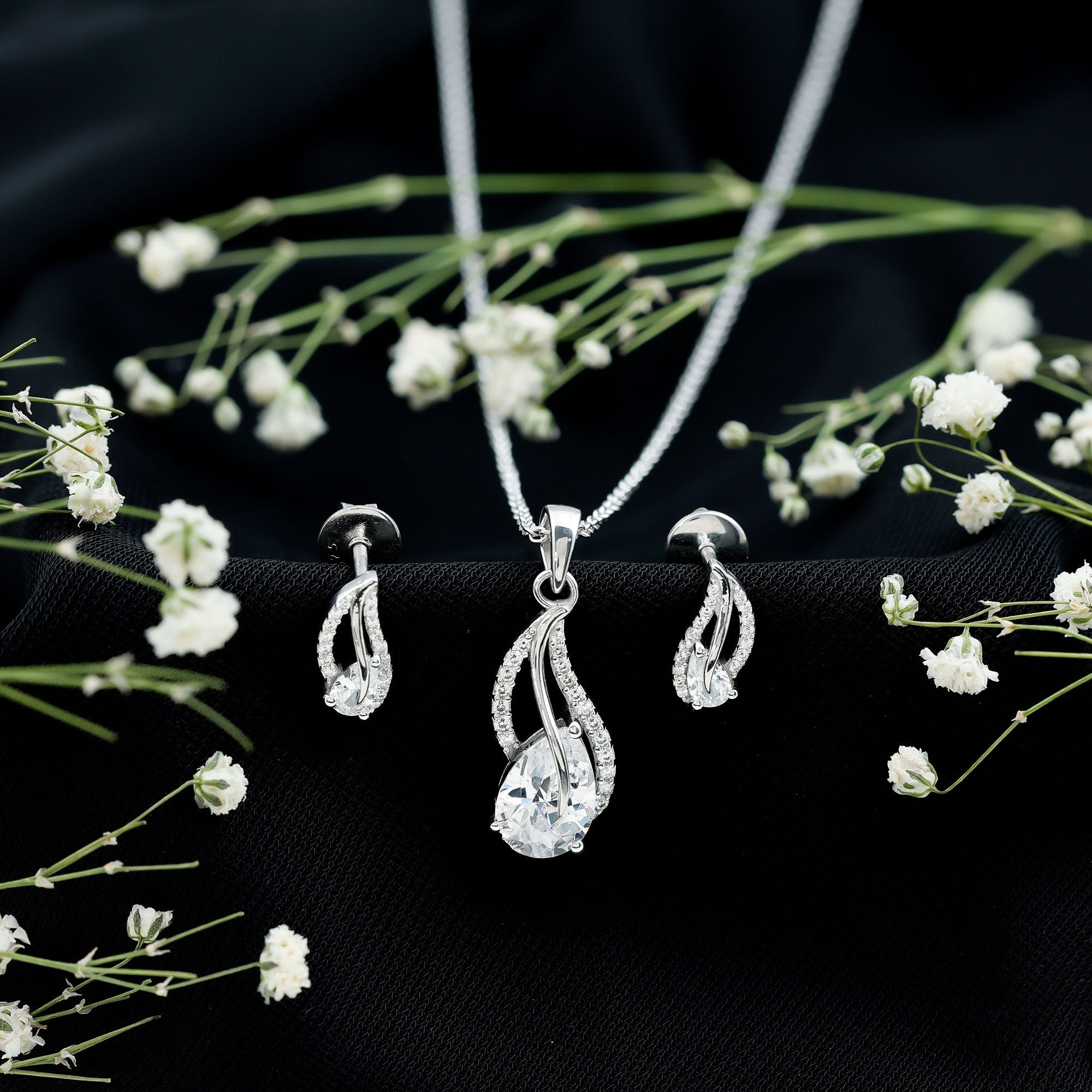 3 Carat Pear Cubic Zirconia Bridal Necklace and Earrings Set in Silver
