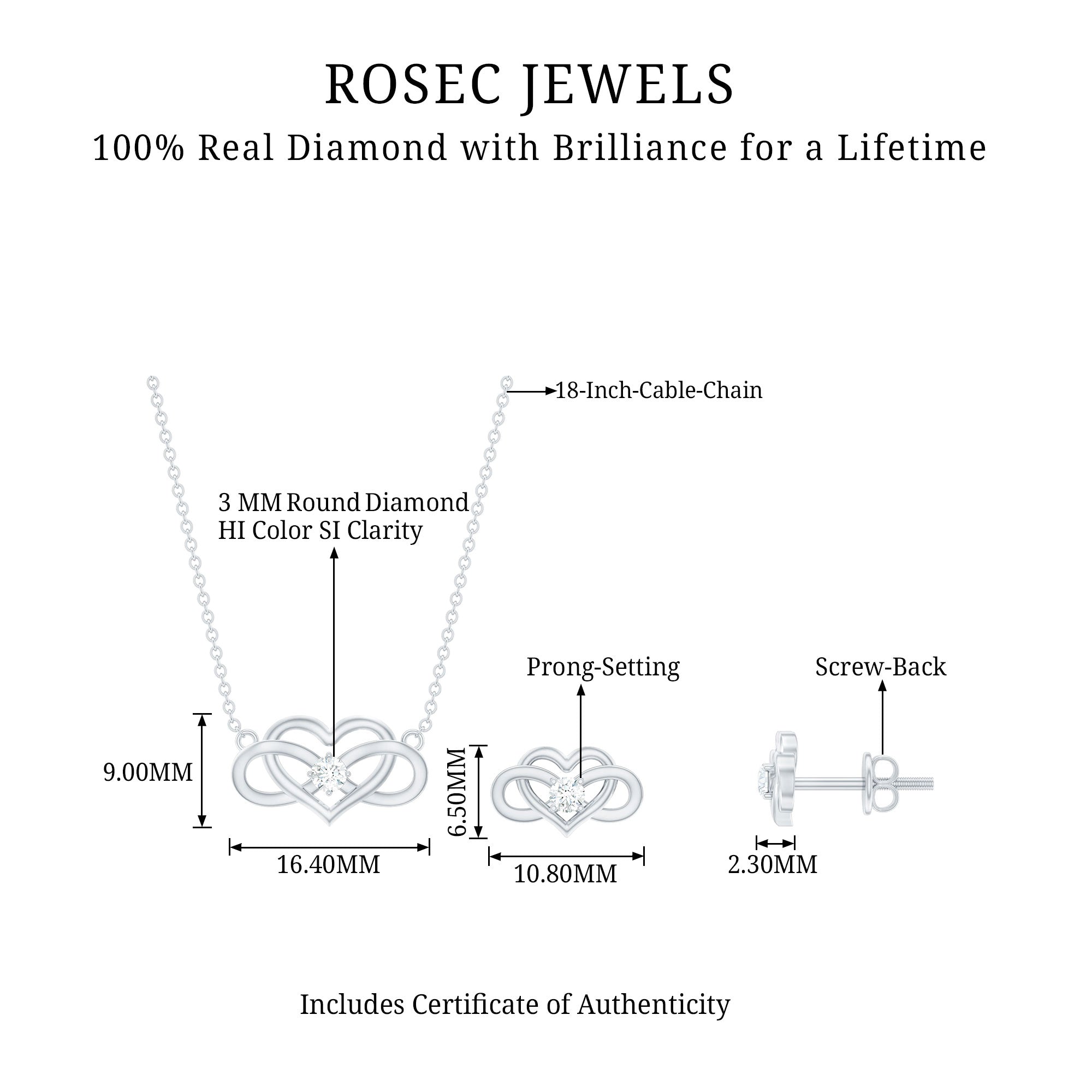 Diamond Infinity Heart Set - Round Cut Diamond Jewelry Set With Earrings
