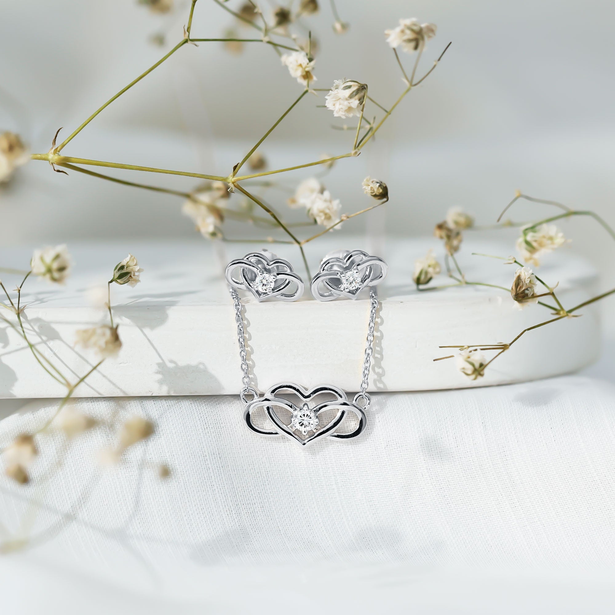 Diamond Infinity Heart Set - Round Cut Diamond Jewelry Set With Earrings