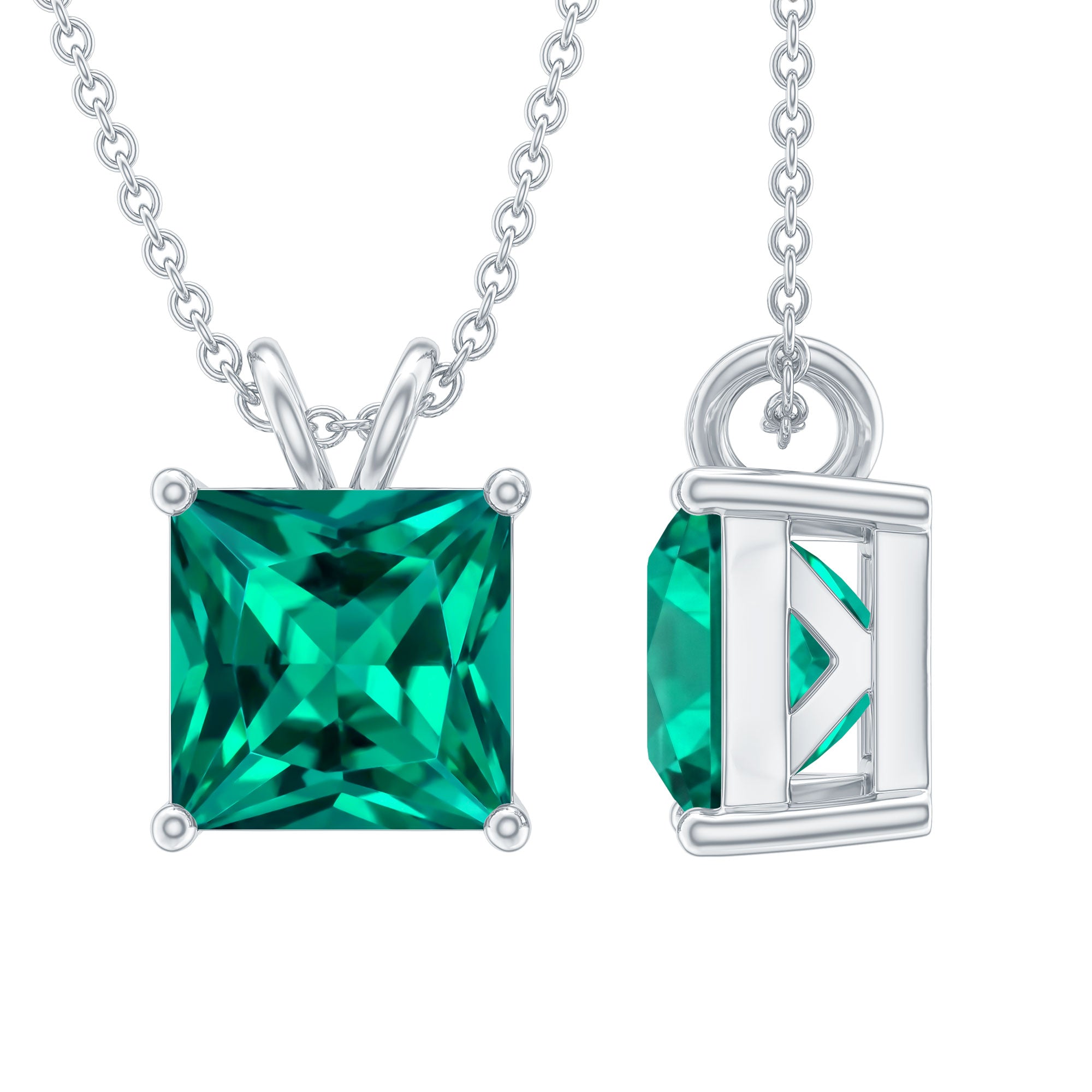 Lab Grown Emerald Necklace – Princess Cut Solitaire Pendant With Chain & Gift Box