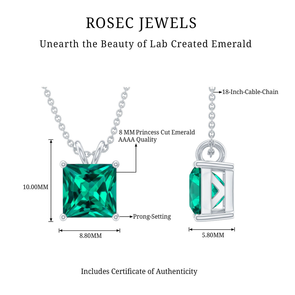 Lab Grown Emerald Necklace – Princess Cut Solitaire Pendant With Chain & Gift Box