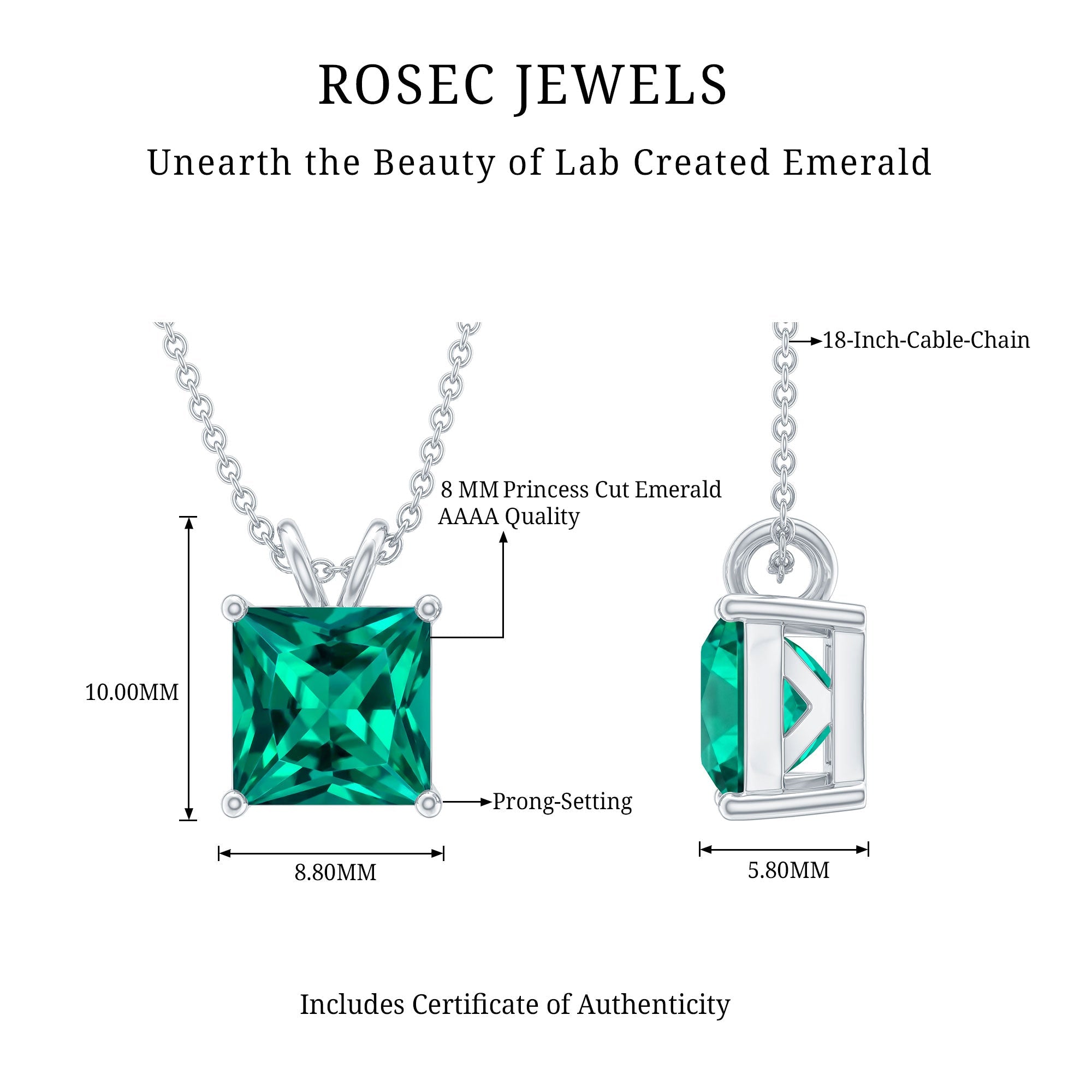 Lab Grown Emerald Necklace – Princess Cut Solitaire Pendant With Chain & Gift Box