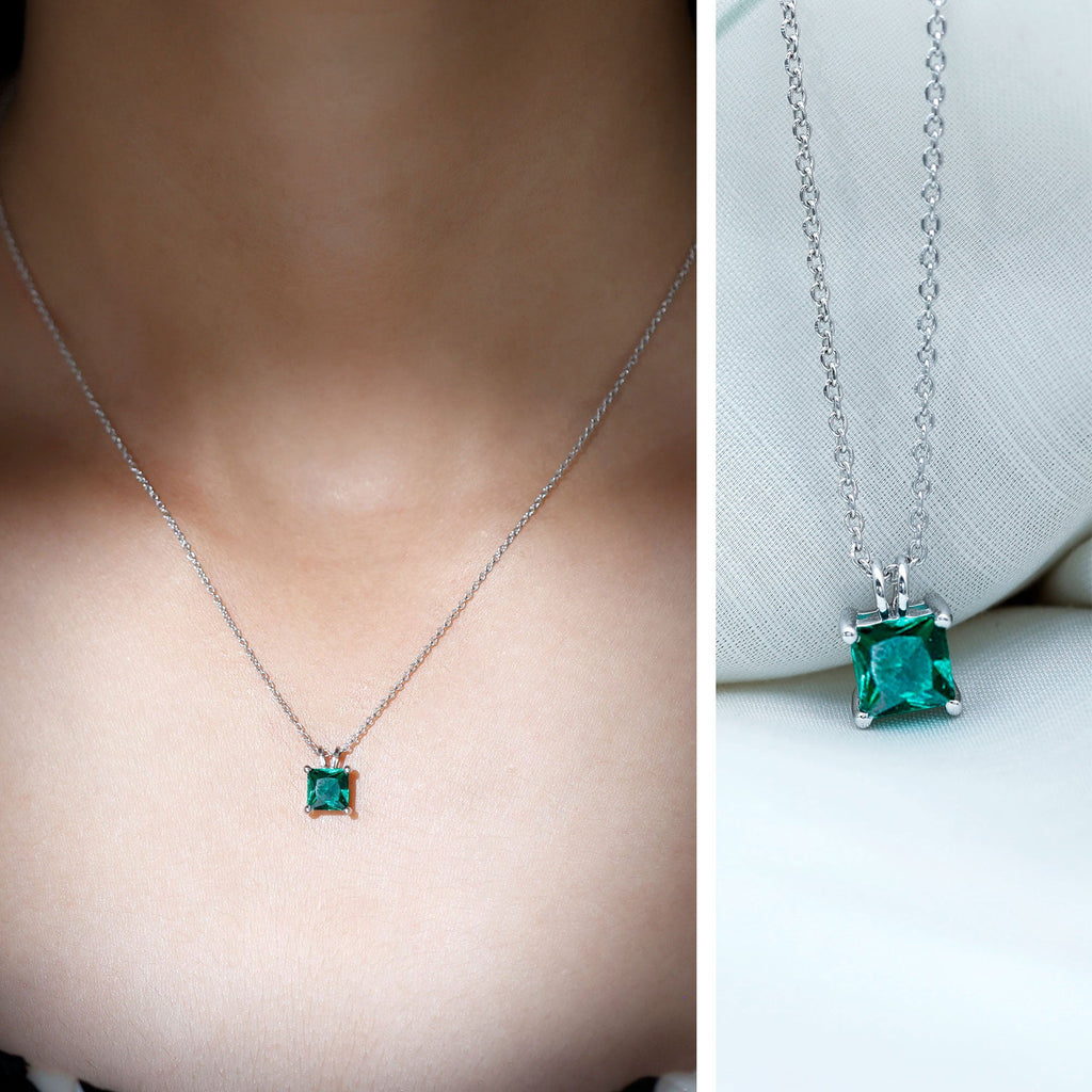 Lab Grown Emerald Necklace – Princess Cut Solitaire Pendant With Chain & Gift Box