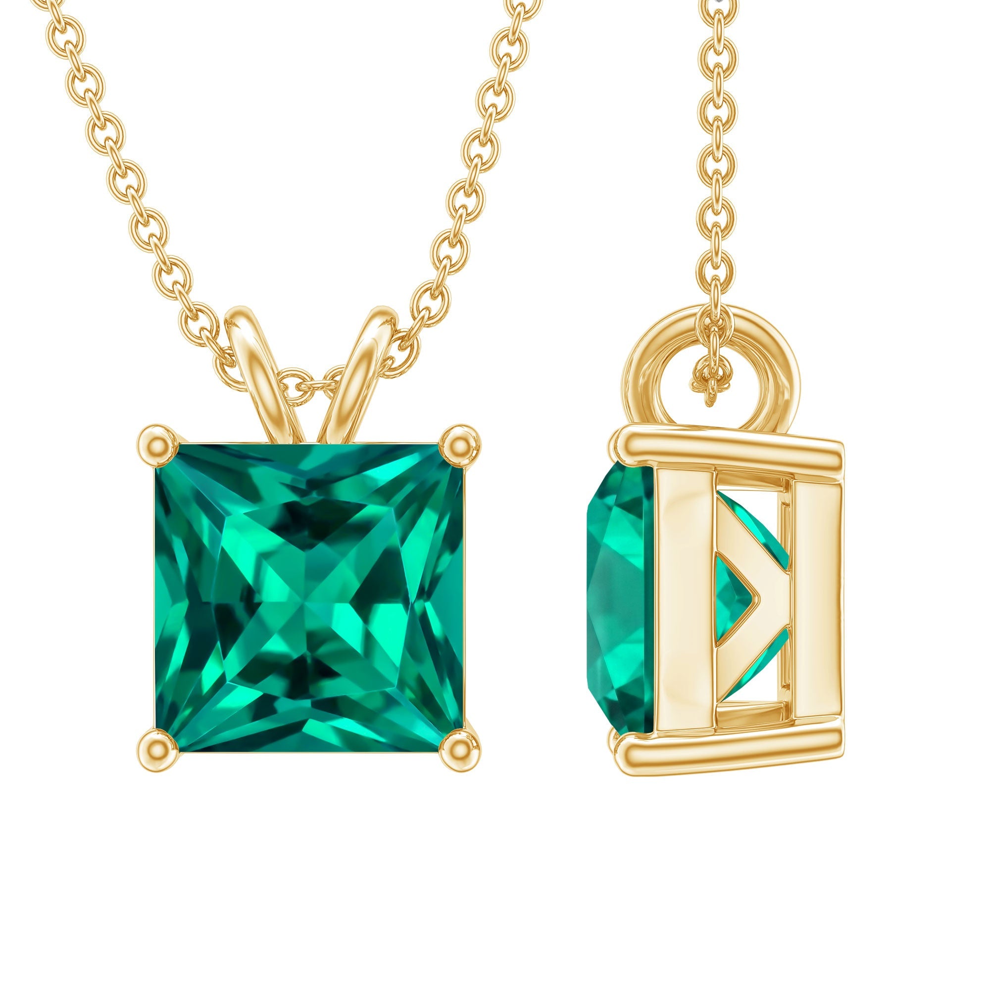 Lab Grown Emerald Necklace – Princess Cut Solitaire Pendant With Chain & Gift Box
