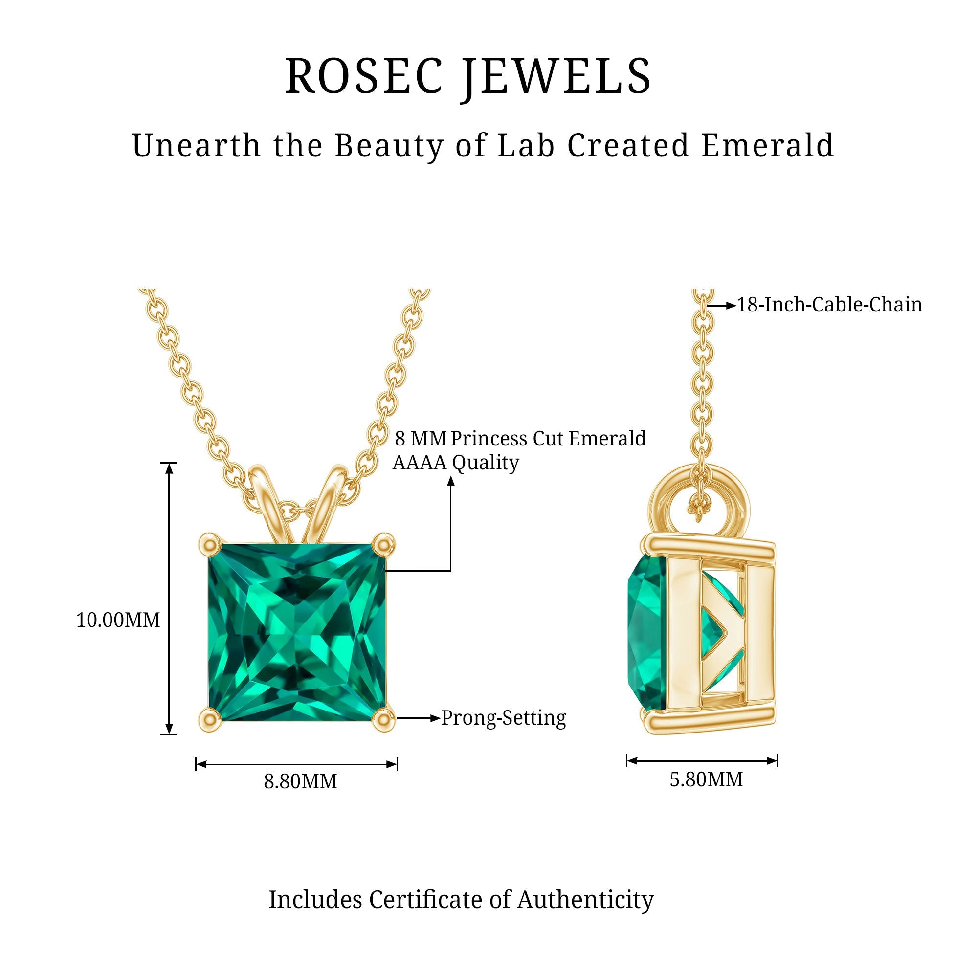 Lab Grown Emerald Necklace – Princess Cut Solitaire Pendant With Chain & Gift Box
