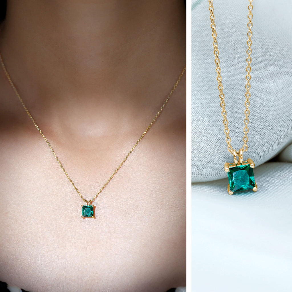 Lab Grown Emerald Necklace – Princess Cut Solitaire Pendant With Chain & Gift Box
