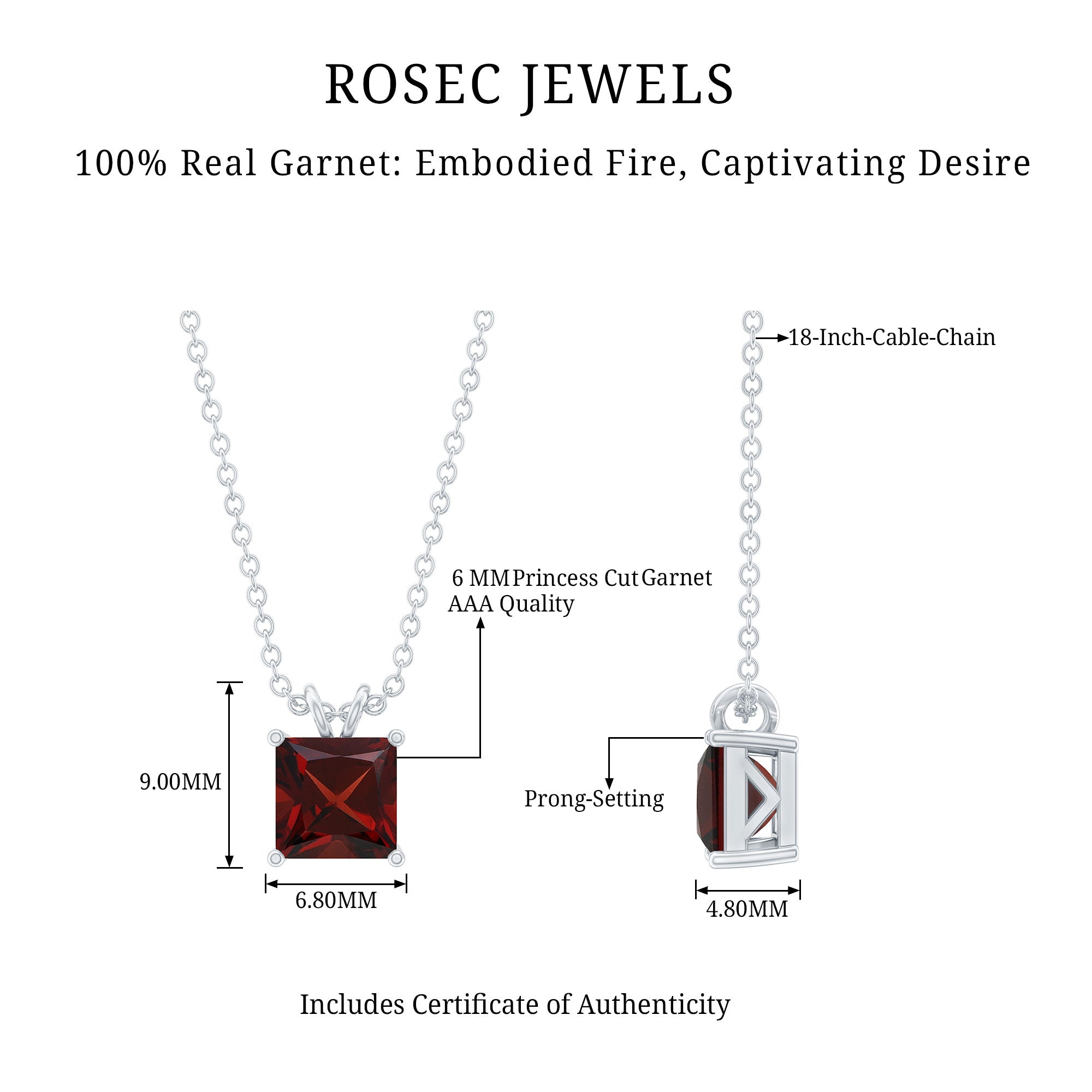 Garnet Princess Cut Necklace – Solitaire Pendant 1.4 Carat AAA Quality Gemstone