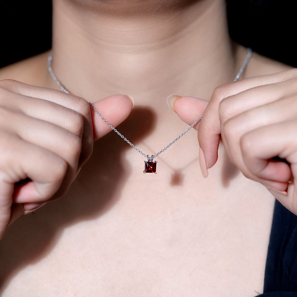 Garnet Princess Cut Necklace – Solitaire Pendant 1.4 Carat AAA Quality Gemstone