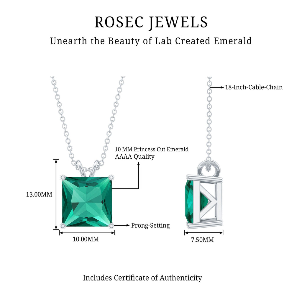 Emerald Solitaire Necklace – Lab Created 5 Carat Princess Cut Pendant With Basket Setting