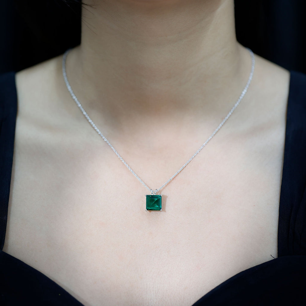 Emerald Solitaire Necklace – Lab Created 5 Carat Princess Cut Pendant With Basket Setting