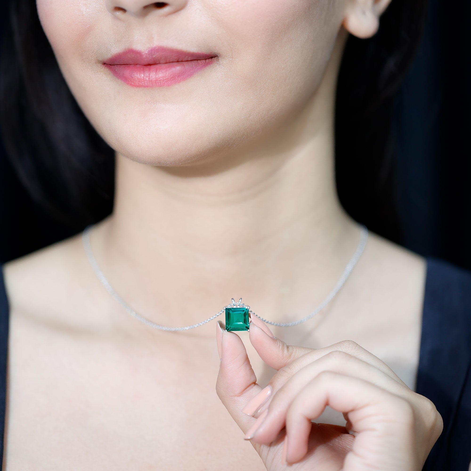 Emerald Solitaire Necklace – Lab Created 5 Carat Princess Cut Pendant With Basket Setting