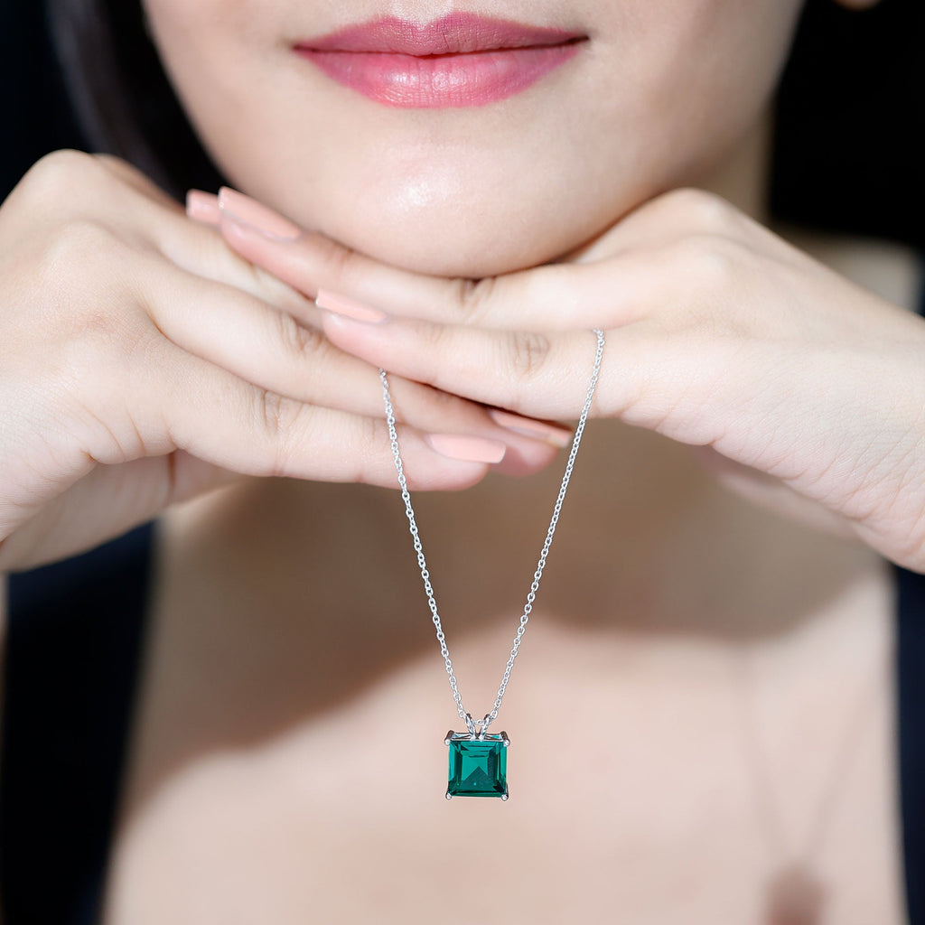 Emerald Solitaire Necklace – Lab Created 5 Carat Princess Cut Pendant With Basket Setting