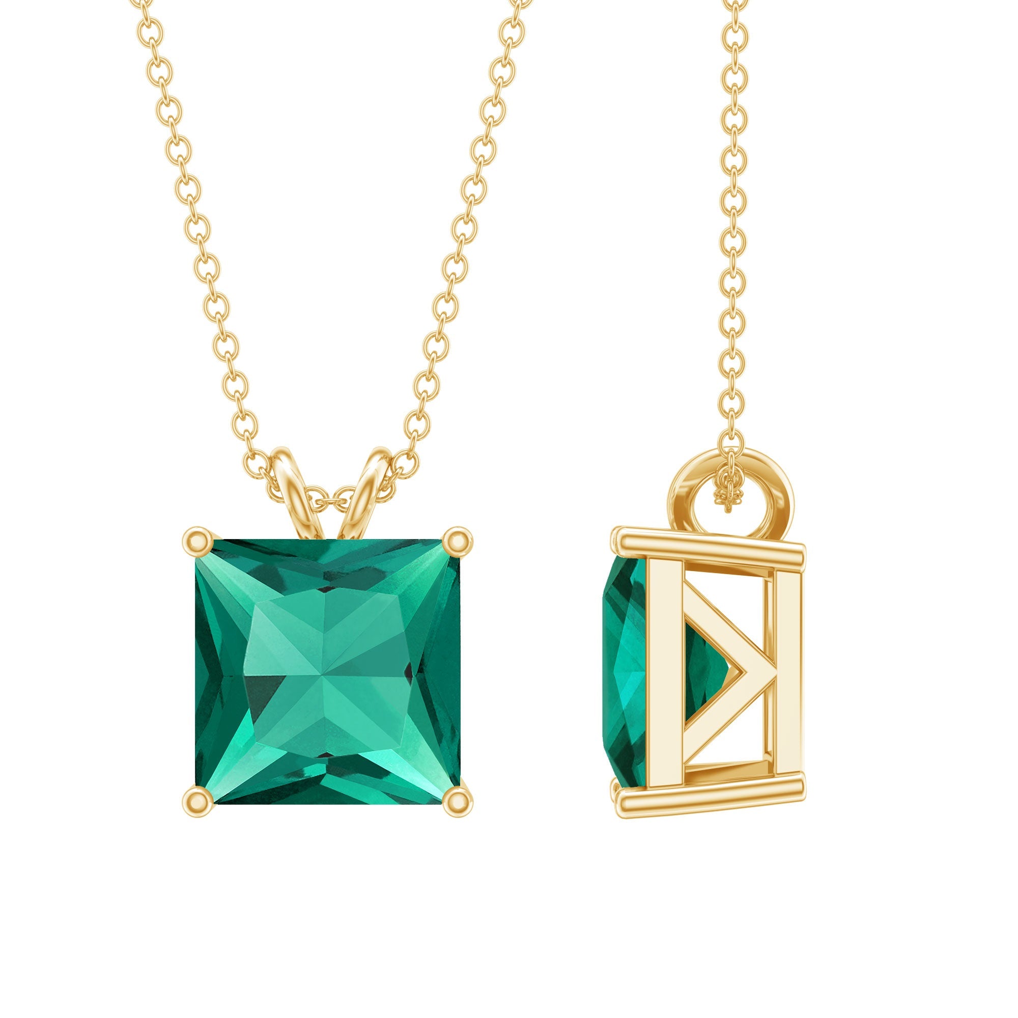 Emerald Solitaire Necklace – Lab Created 5 Carat Princess Cut Pendant With Basket Setting