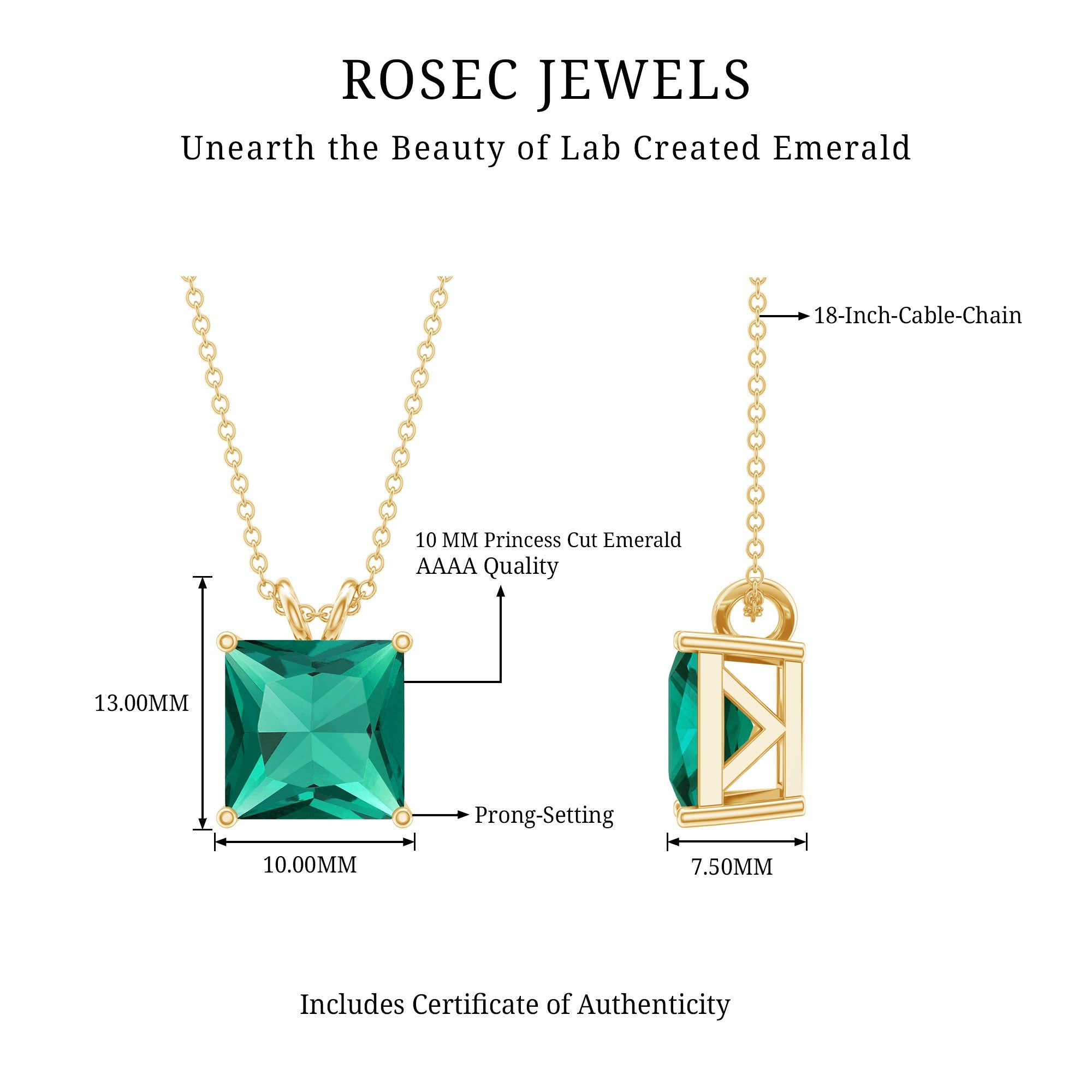 Emerald Solitaire Necklace – Lab Created 5 Carat Princess Cut Pendant With Basket Setting