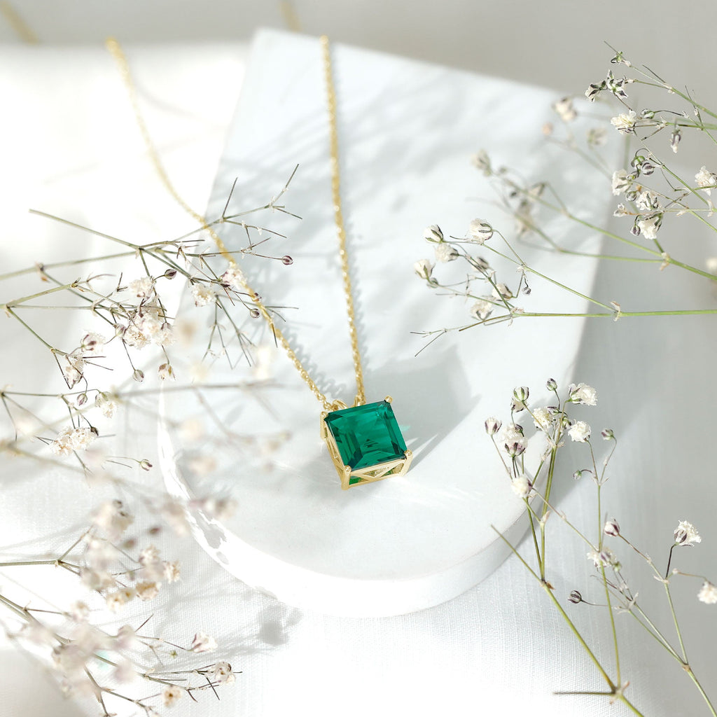Emerald Solitaire Necklace – Lab Created 5 Carat Princess Cut Pendant With Basket Setting