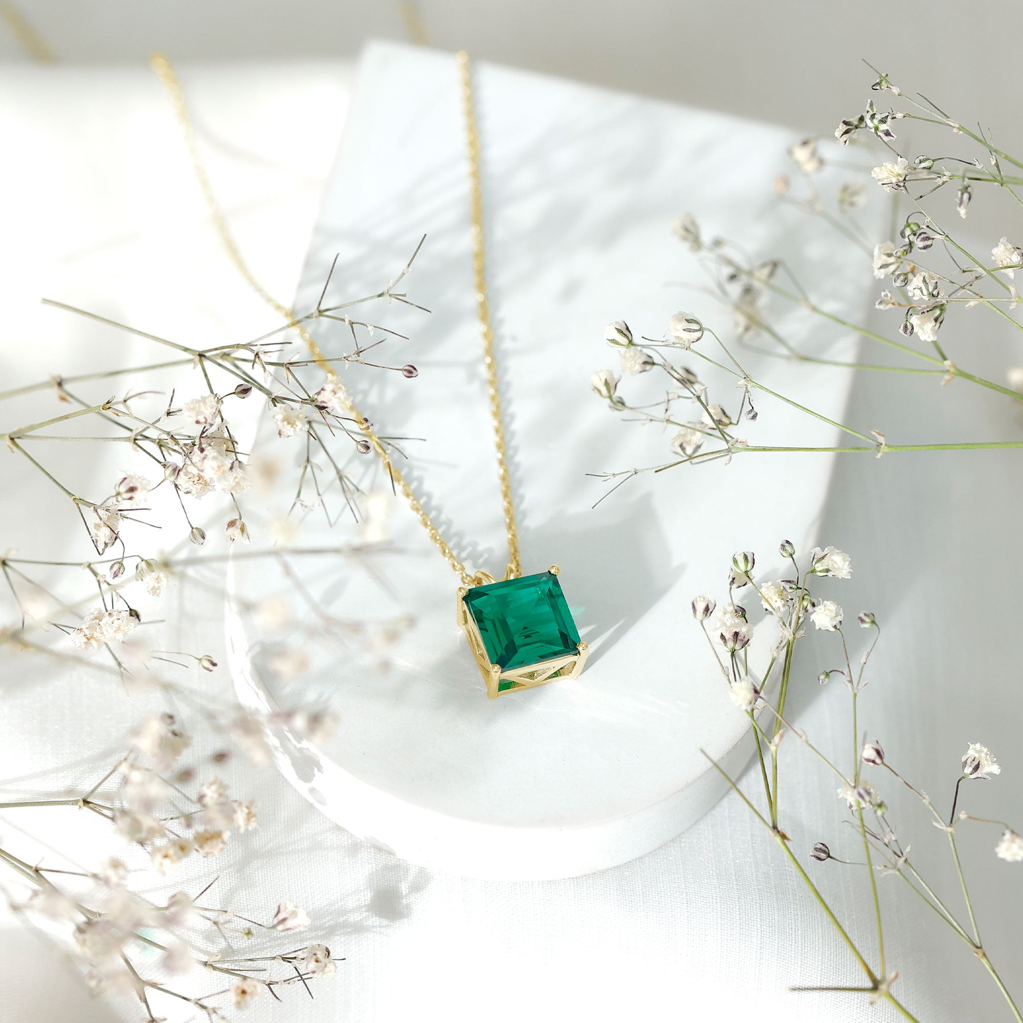 Emerald Solitaire Necklace – Lab Created 5 Carat Princess Cut Pendant With Basket Setting