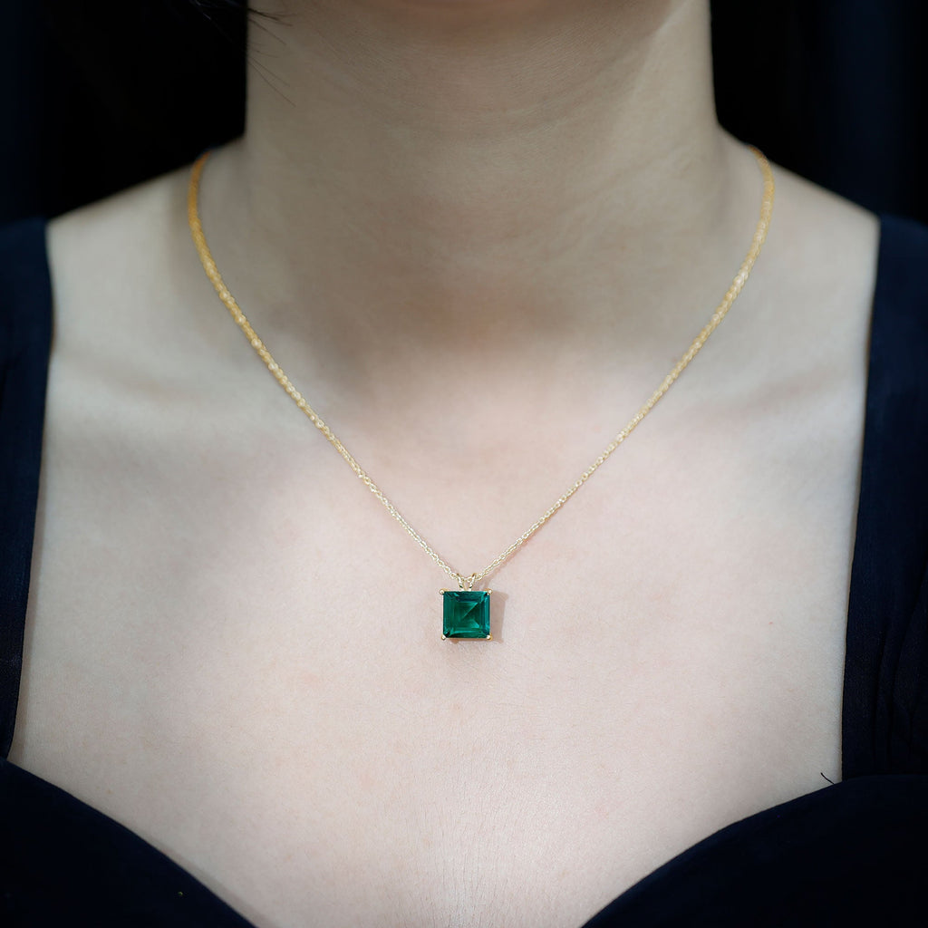 Emerald Solitaire Necklace – Lab Created 5 Carat Princess Cut Pendant With Basket Setting