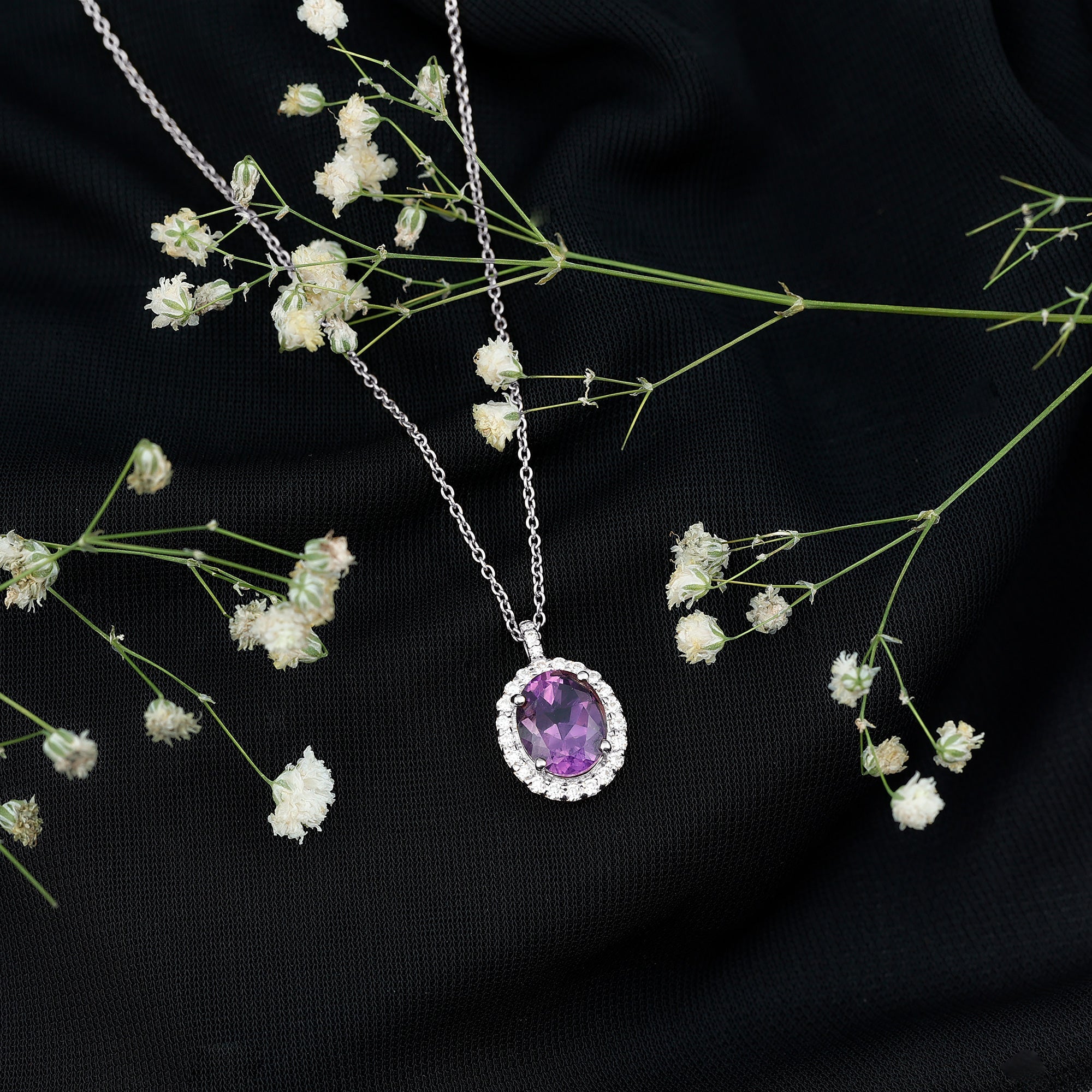 Certified 2.5 Carat Amethyst Oval Necklace with Moissanite Halo