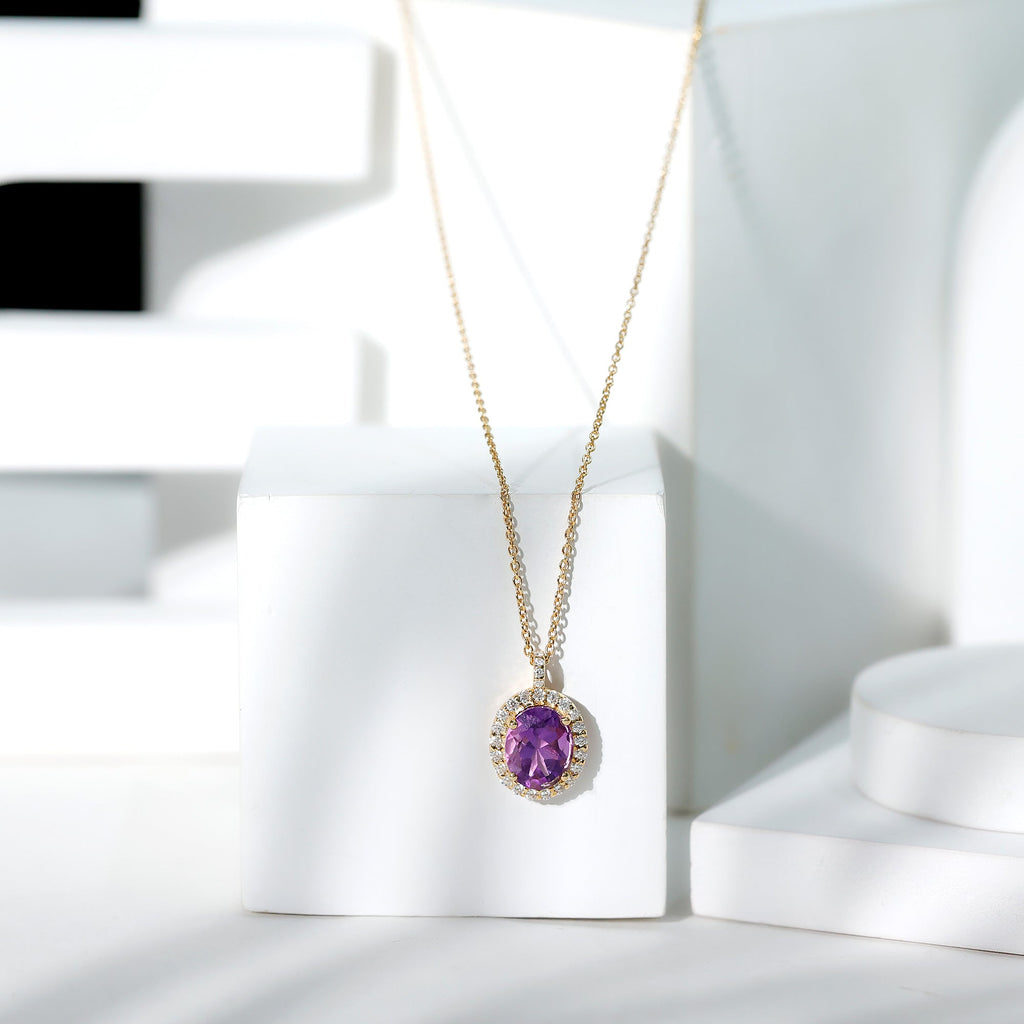 Certified 2.5 Carat Amethyst Oval Necklace with Moissanite Halo