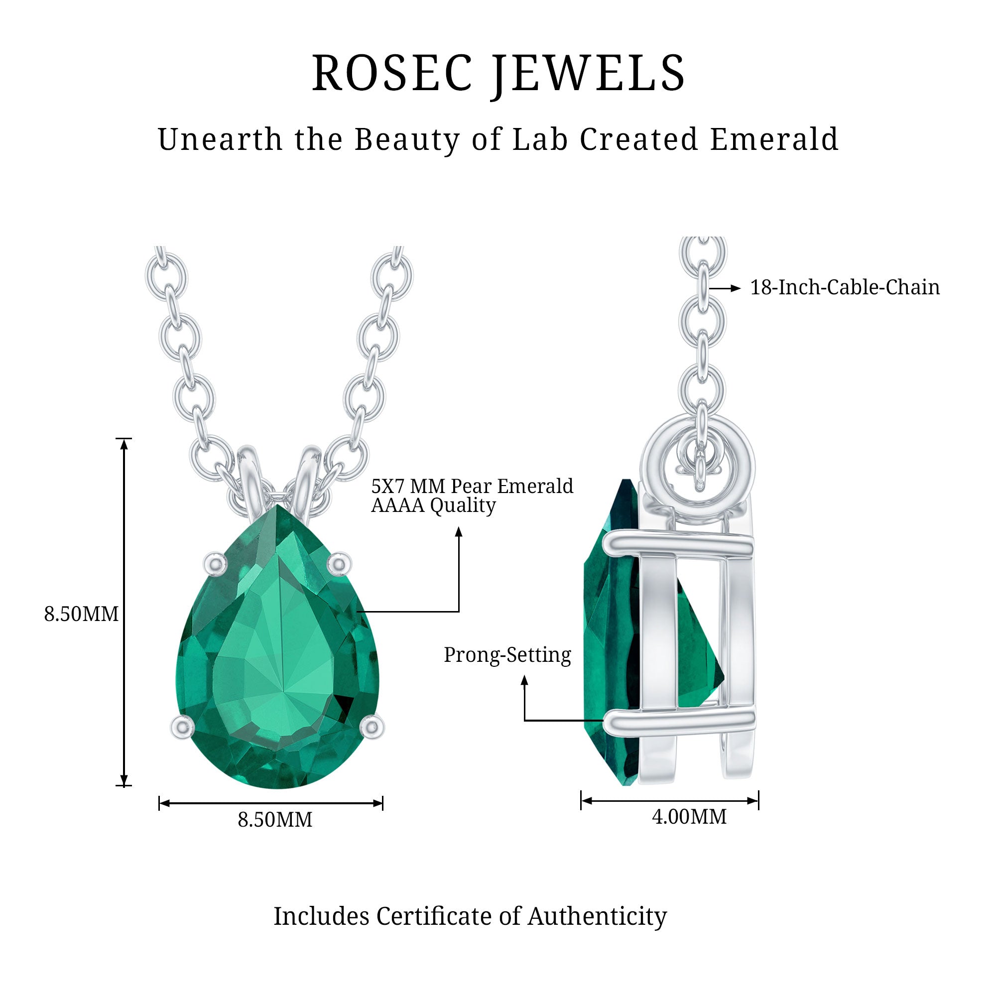Lab Created Emerald Necklace – 0.7 Carat Pear Shaped Teardrop Pendant With Prong Setting