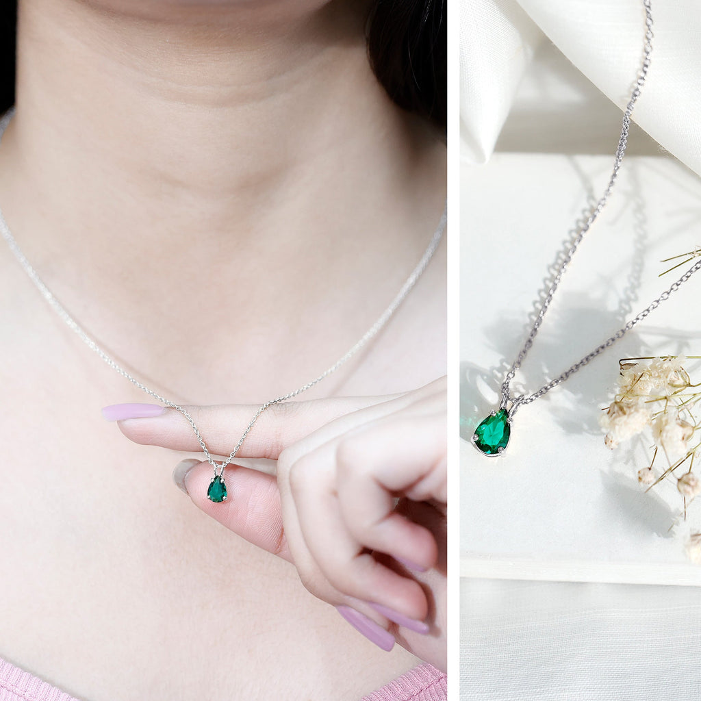 Lab Created Emerald Necklace – 0.7 Carat Pear Shaped Teardrop Pendant With Prong Setting