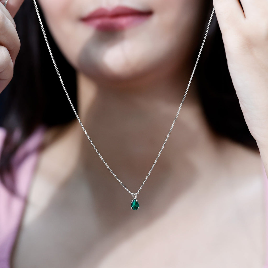 Lab Created Emerald Necklace – 0.7 Carat Pear Shaped Teardrop Pendant With Prong Setting