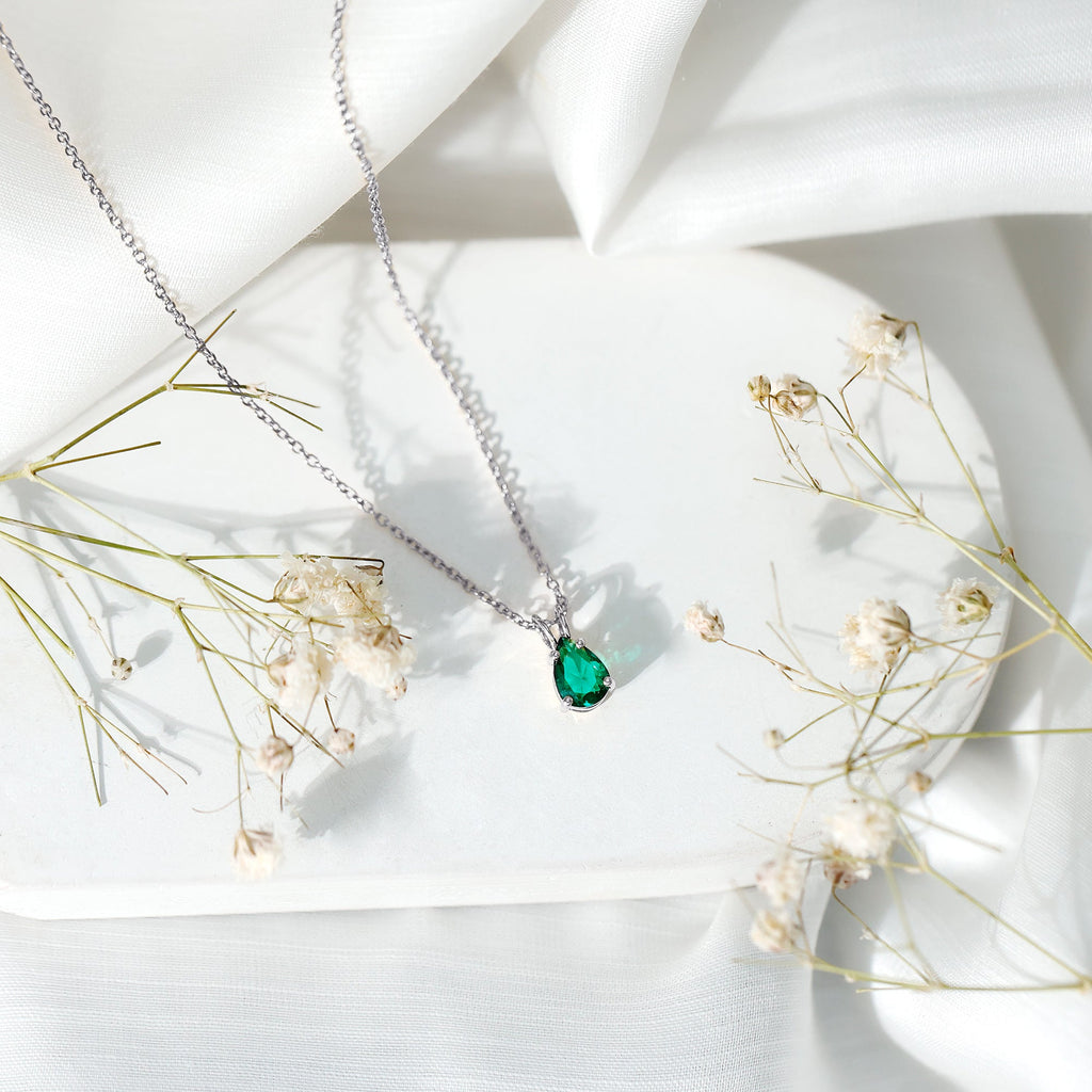 Lab Created Emerald Necklace – 0.7 Carat Pear Shaped Teardrop Pendant With Prong Setting