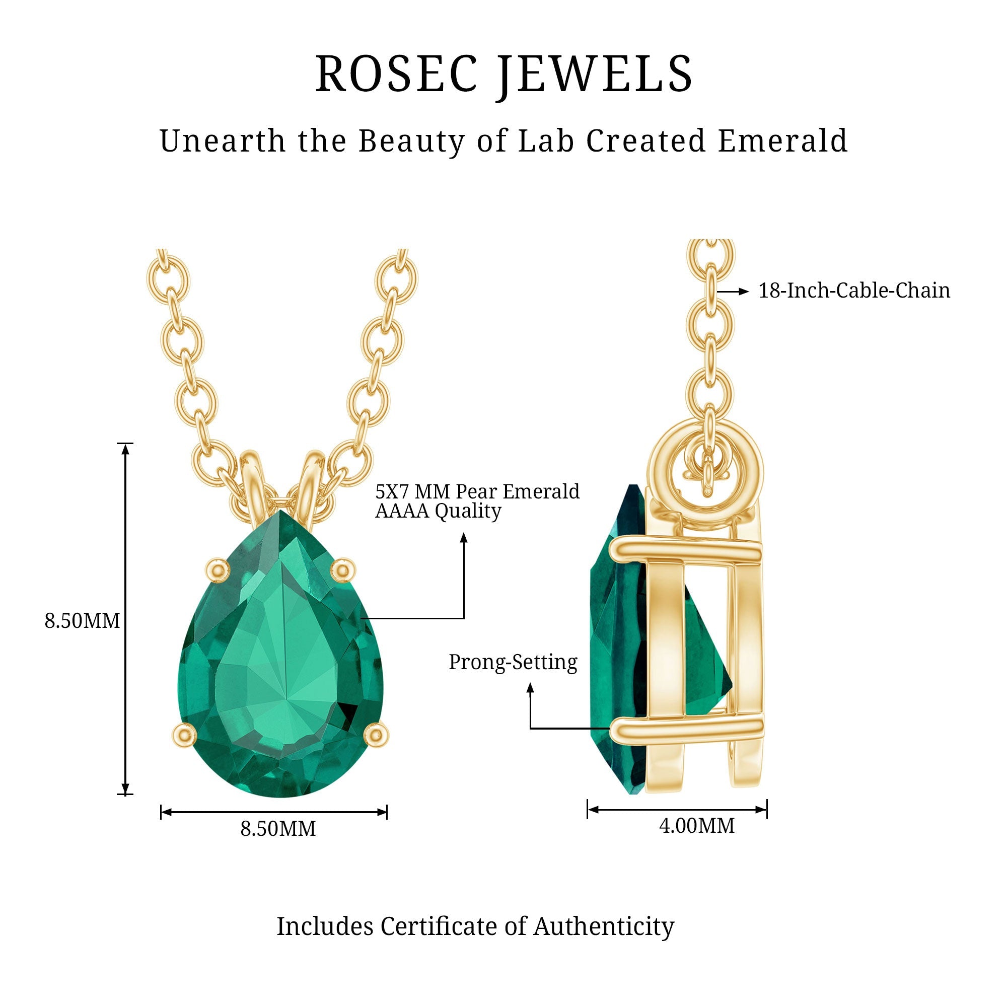 Lab Created Emerald Necklace – 0.7 Carat Pear Shaped Teardrop Pendant With Prong Setting