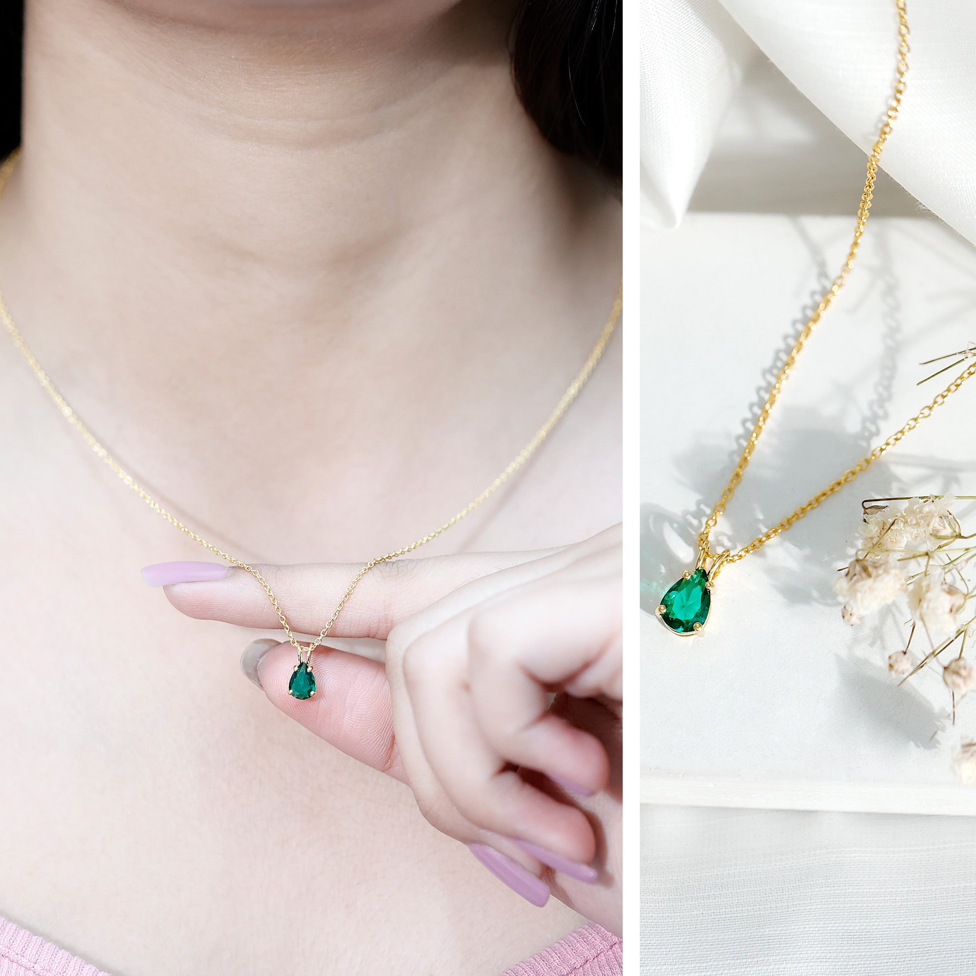 Lab Created Emerald Necklace – 0.7 Carat Pear Shaped Teardrop Pendant With Prong Setting