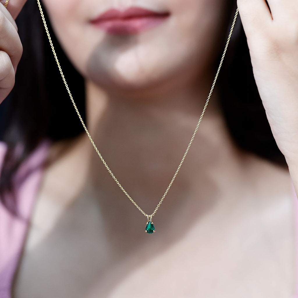 Lab Created Emerald Necklace – 0.7 Carat Pear Shaped Teardrop Pendant With Prong Setting
